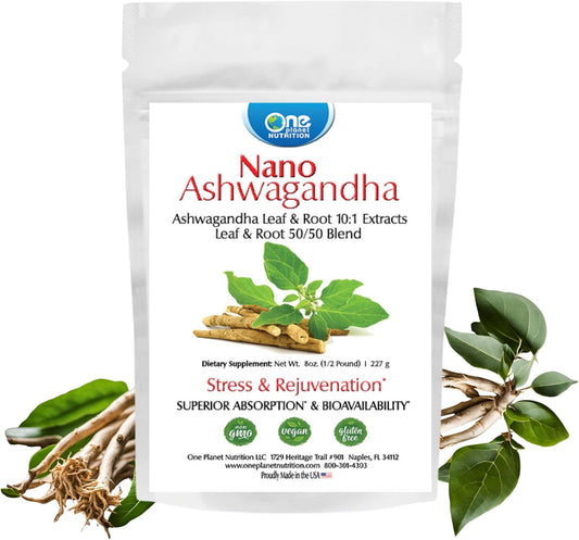Organic Nano Ashwagandha Powder 8 oz - 10:1 Extract for Adrenal Health & Stress Relief - Non-GMO, Vegan, Gluten-Free - 227 Servings