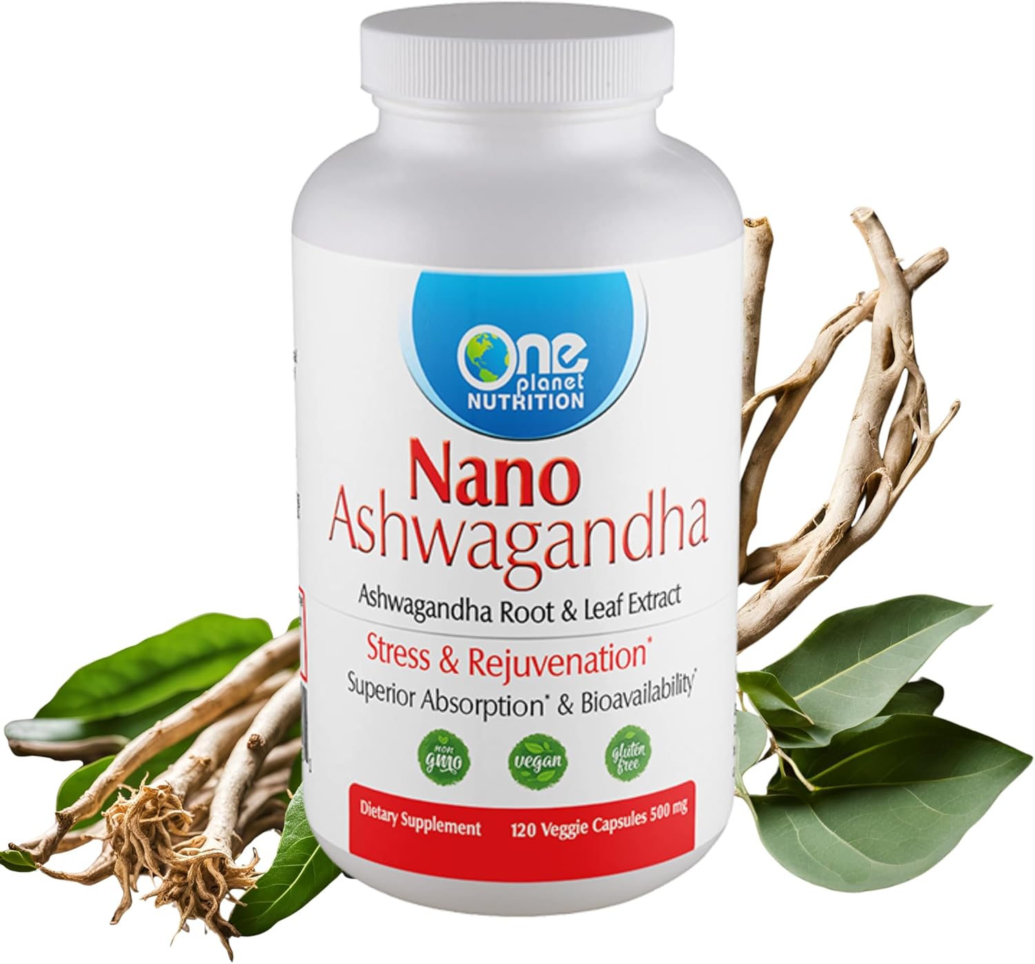 Organic Nano Ashwagandha Root & Leaf Capsules - 500mg (120 Servings) for Hormone & Neurological Support, Stress Relief - Vegan & Gluten-Free