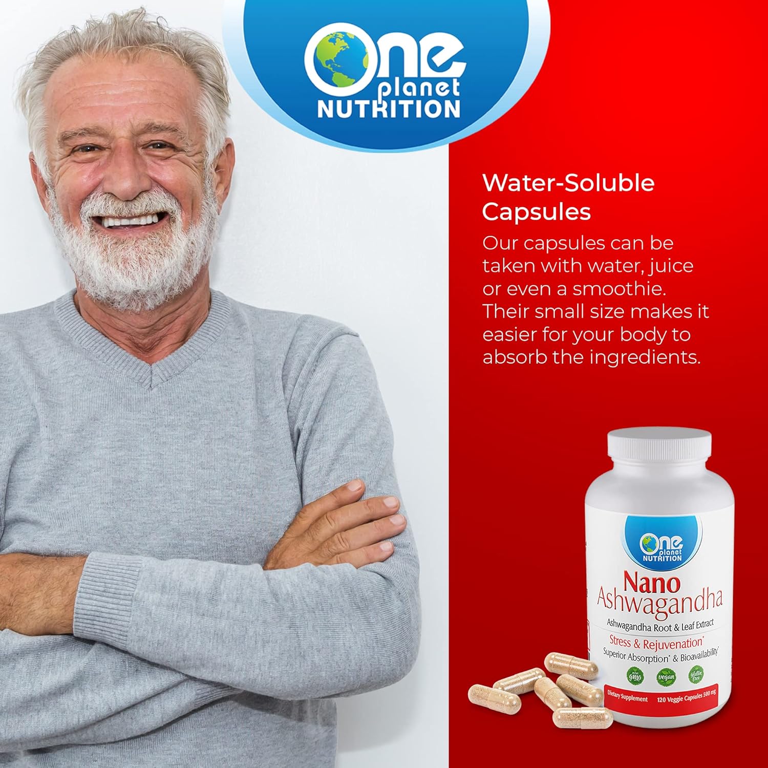 Organic Nano Ashwagandha Root & Leaf Capsules - 500mg (120 Servings) for Hormone & Neurological Support, Stress Relief - Vegan & Gluten-Free