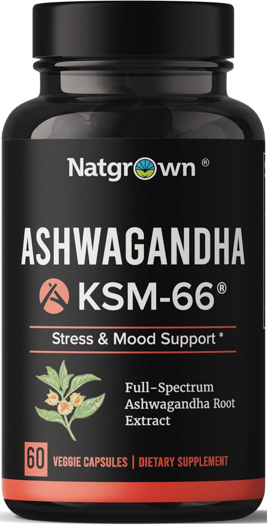 Organic Natgrown Ashwagandha KSM-66 Root Powder Extract Capsules - 600mg with Black Pepper - Vegan - 60 Count