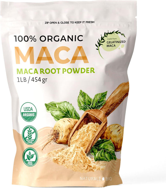 Organic NaturaleBio Maca Root Powder 16oz - Pure Peruvian Superfood for Smoothies, Vegetarian and Vegan Friendly, Gelatinized for Maximum Bioavailability