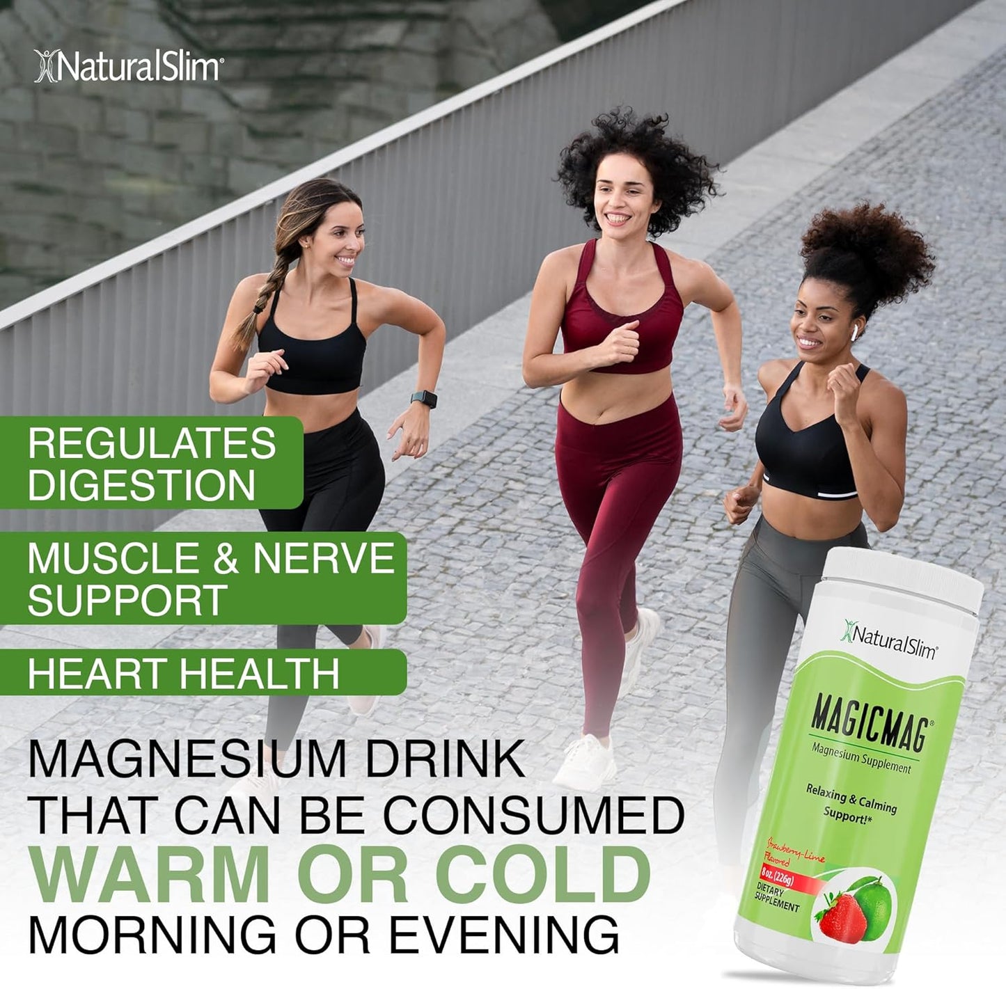 Organic NaturalSlim Magicmag Pure Magnesium Citrate Powder - Supports Stress, Constipation, Muscles, Heart | Strawberry & Lime Flavored Supplement - 8oz Drink Mix (3 Pack)