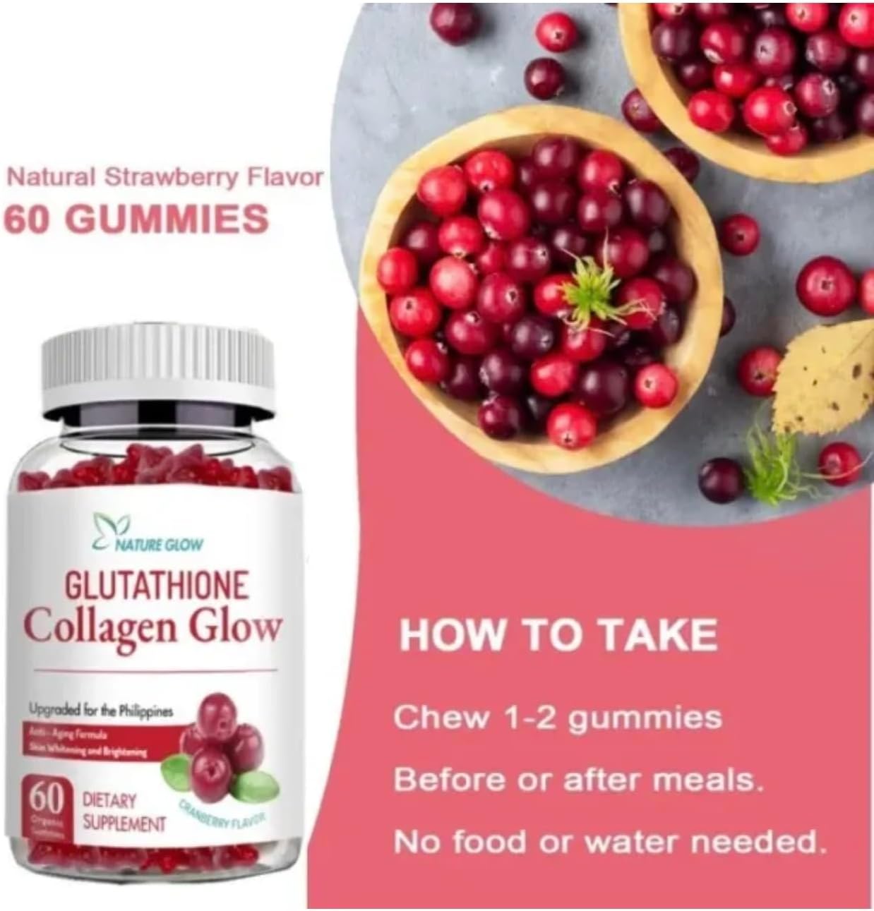 Organic Nature Glow Glutathione Collagen Cranberry Gummies - 60 Count