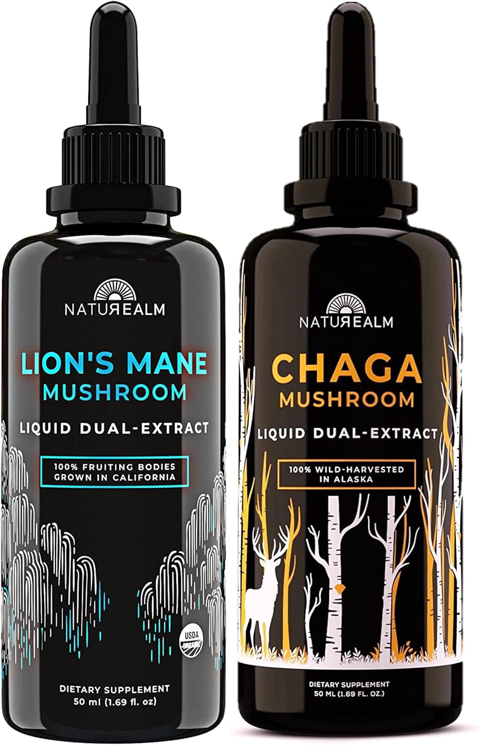 Organic Naturealm Lion's Mane & Chaga Mushroom Extract - Adaptogen Stack for Focus, Immunity, Longevity, Stress Relief, Energy - Liquid Drops - 2 Pack of 50 mL