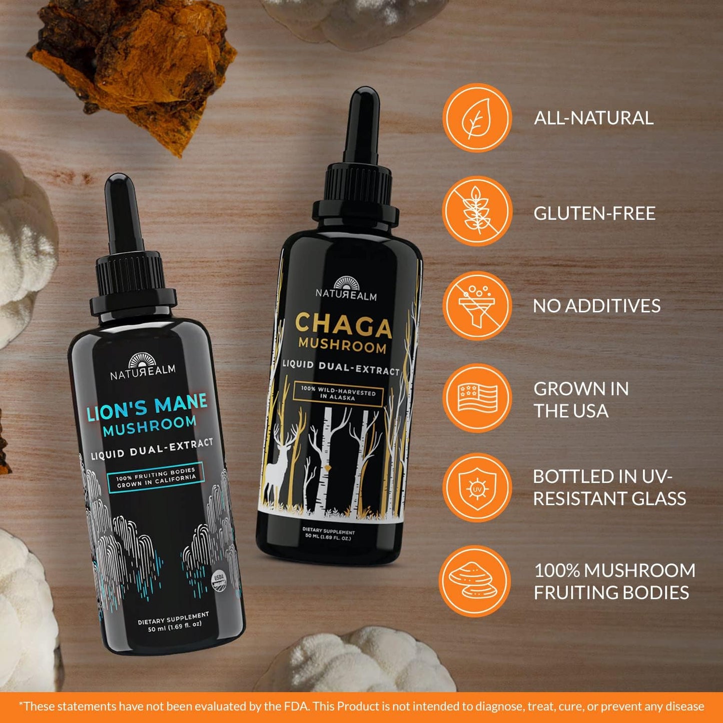 Organic Naturealm Lion's Mane & Chaga Mushroom Extract - Adaptogen Stack for Focus, Immunity, Longevity, Stress Relief, Energy - Liquid Drops - 2 Pack of 50 mL