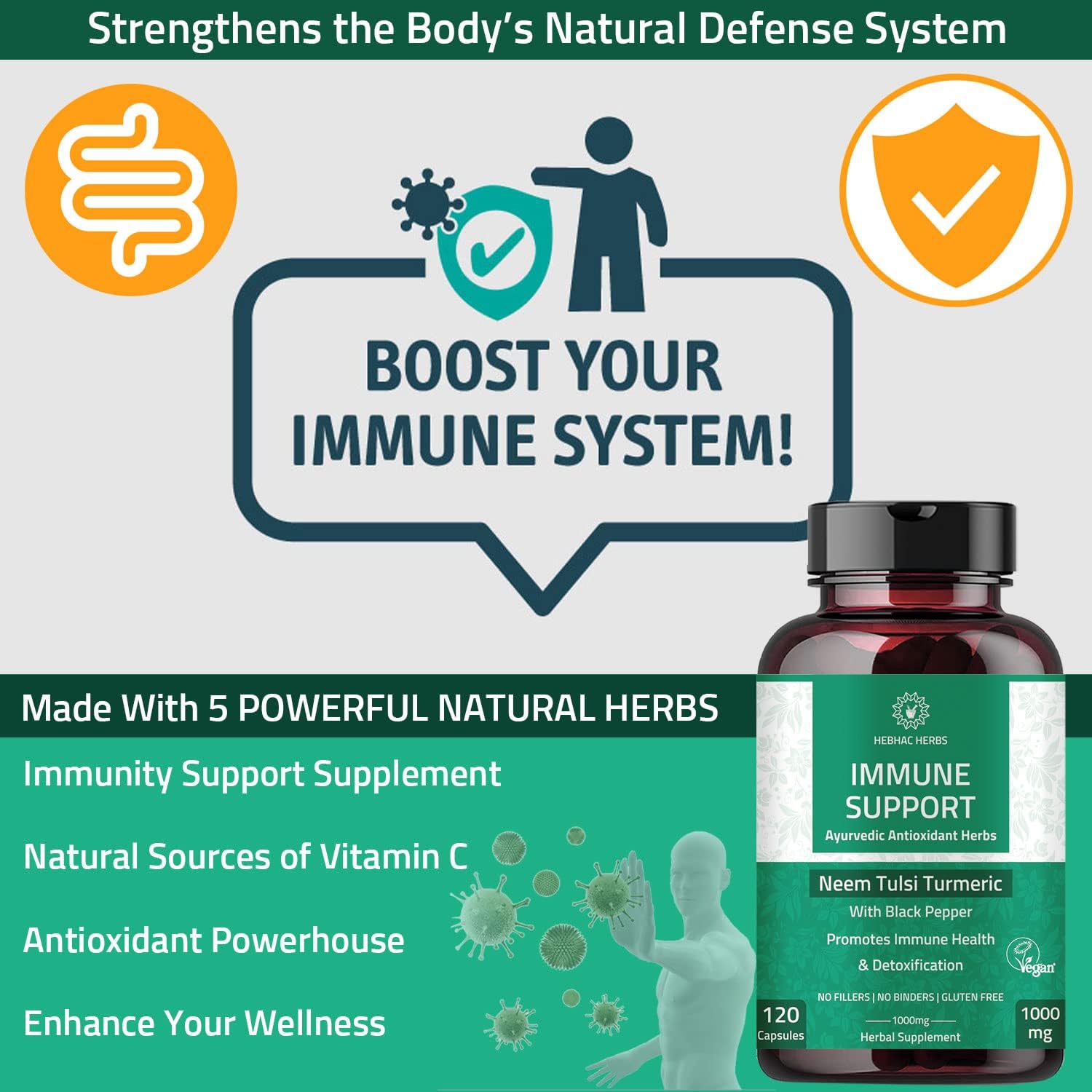 Organic Neem, Tulsi, Amla & Turmeric Immune Support Capsules - 120 Capsules for Enhanced Wellness and Immunity