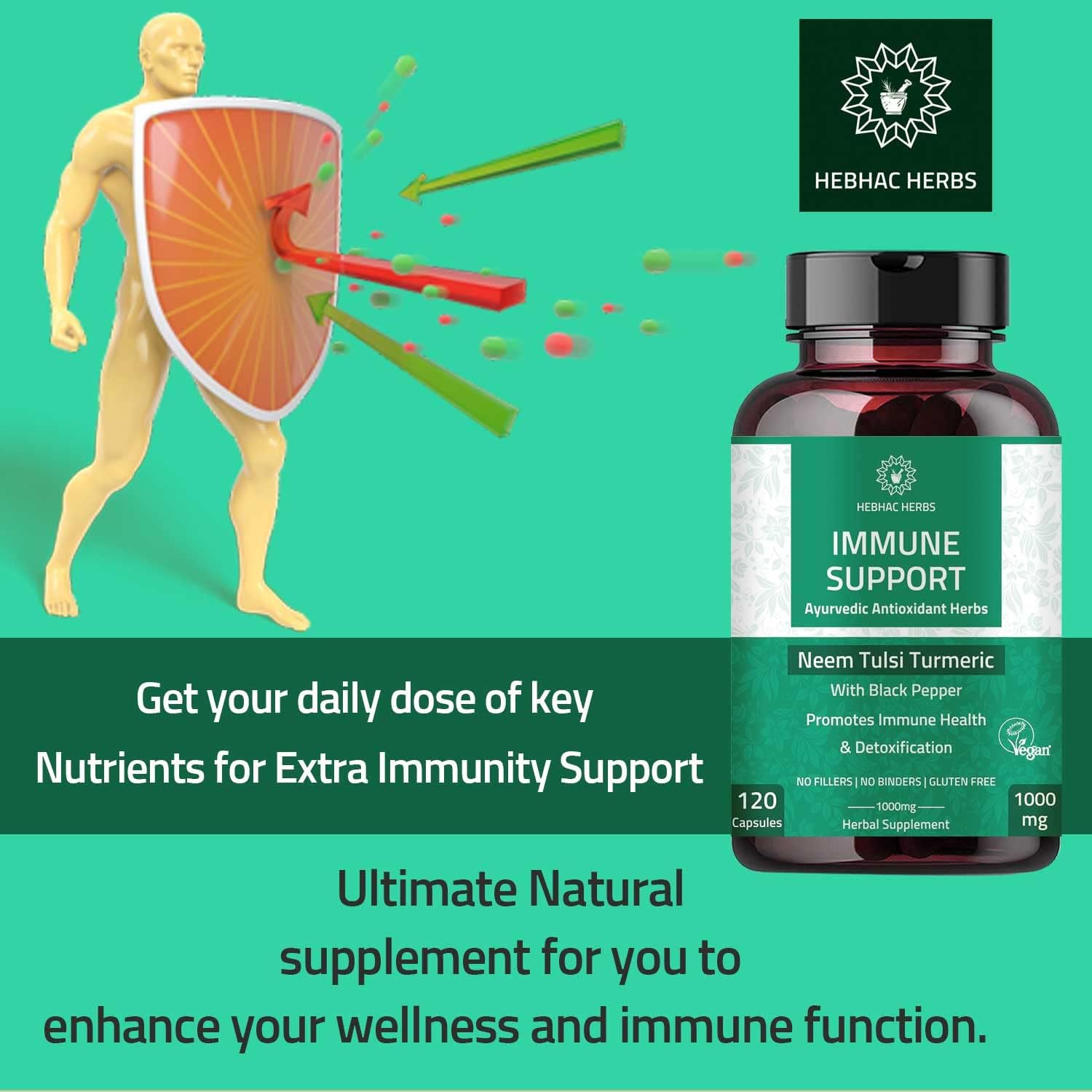 Organic Neem, Tulsi, Amla & Turmeric Immune Support Capsules - 120 Capsules for Enhanced Wellness and Immunity