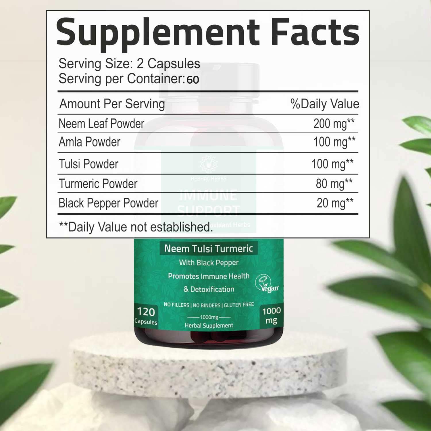 Organic Neem, Tulsi, Amla & Turmeric Immune Support Capsules - 120 Capsules for Enhanced Wellness and Immunity