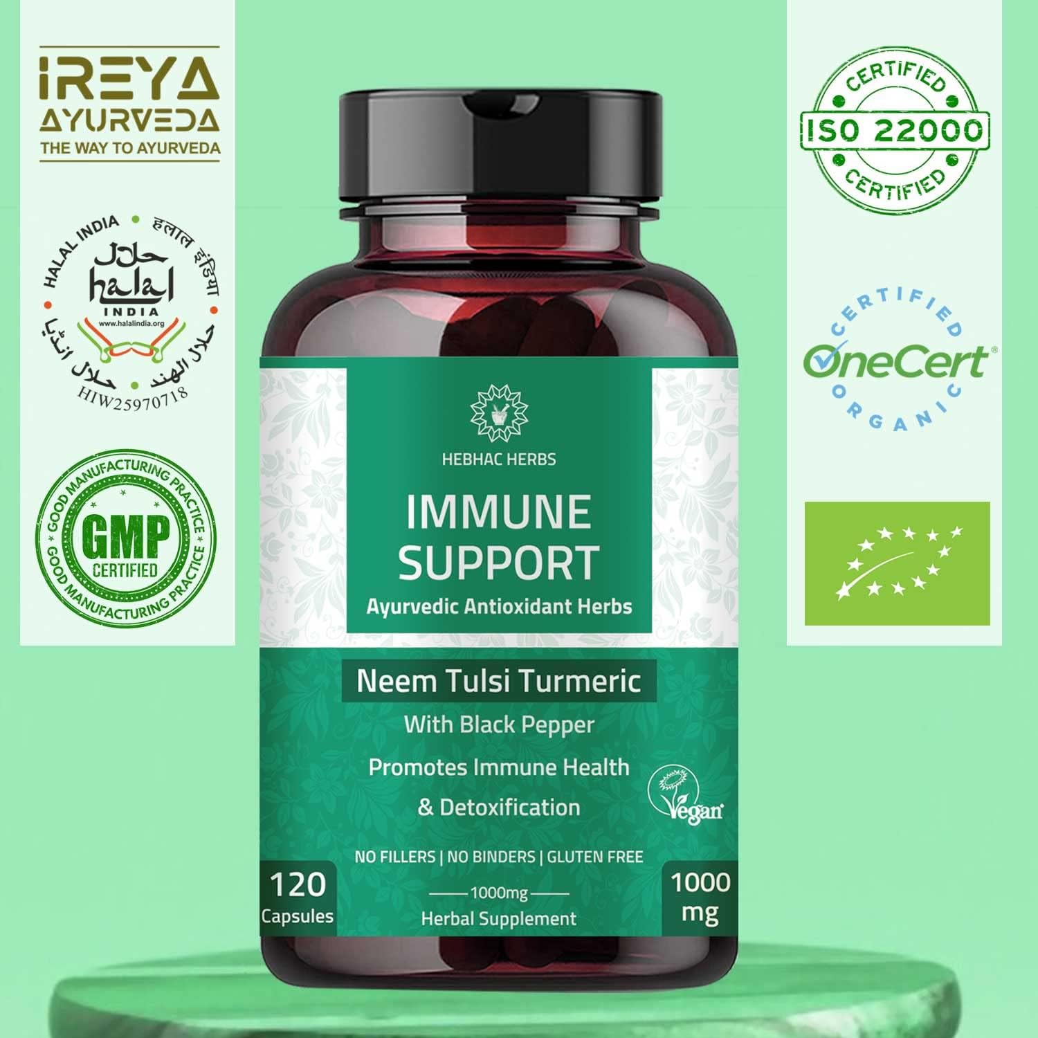 Organic Neem, Tulsi, Amla & Turmeric Immune Support Capsules - 120 Capsules for Enhanced Wellness and Immunity