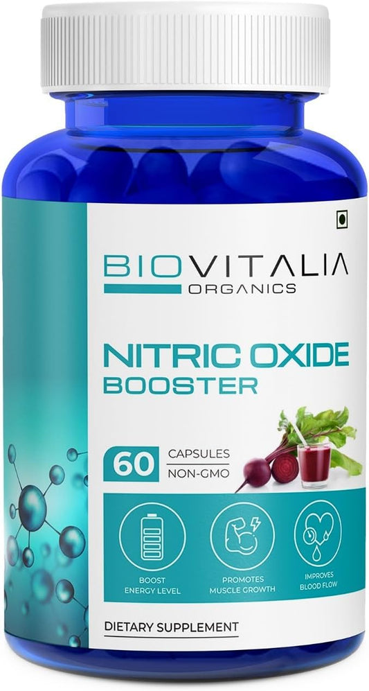 Organic Nitric Oxide Booster Capsules with L-Arginine & Beetroot for Men & Women - Promotes Blood Flow & Pre-Workout Muscle Pump - 60 Vegan Capsules