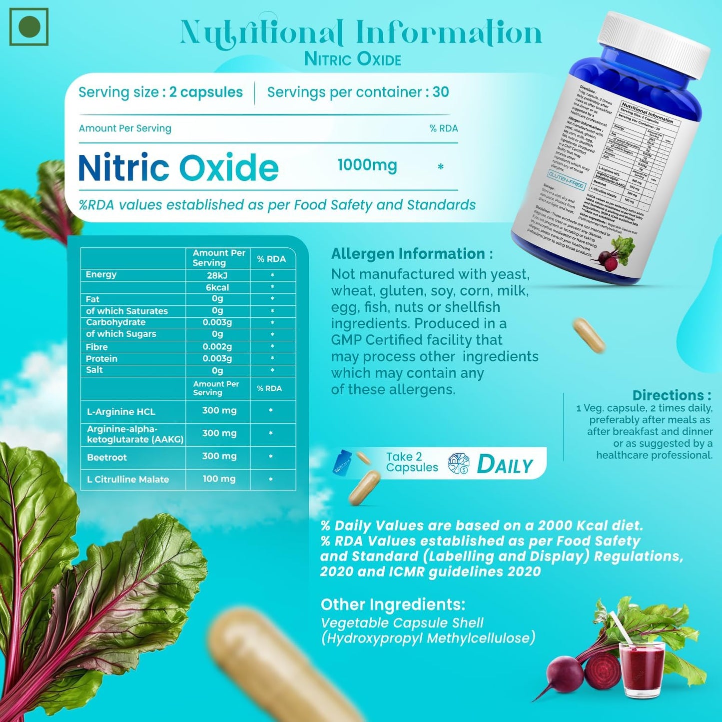 Organic Nitric Oxide Booster Capsules with L-Arginine & Beetroot for Men & Women - Promotes Blood Flow & Pre-Workout Muscle Pump - 60 Vegan Capsules