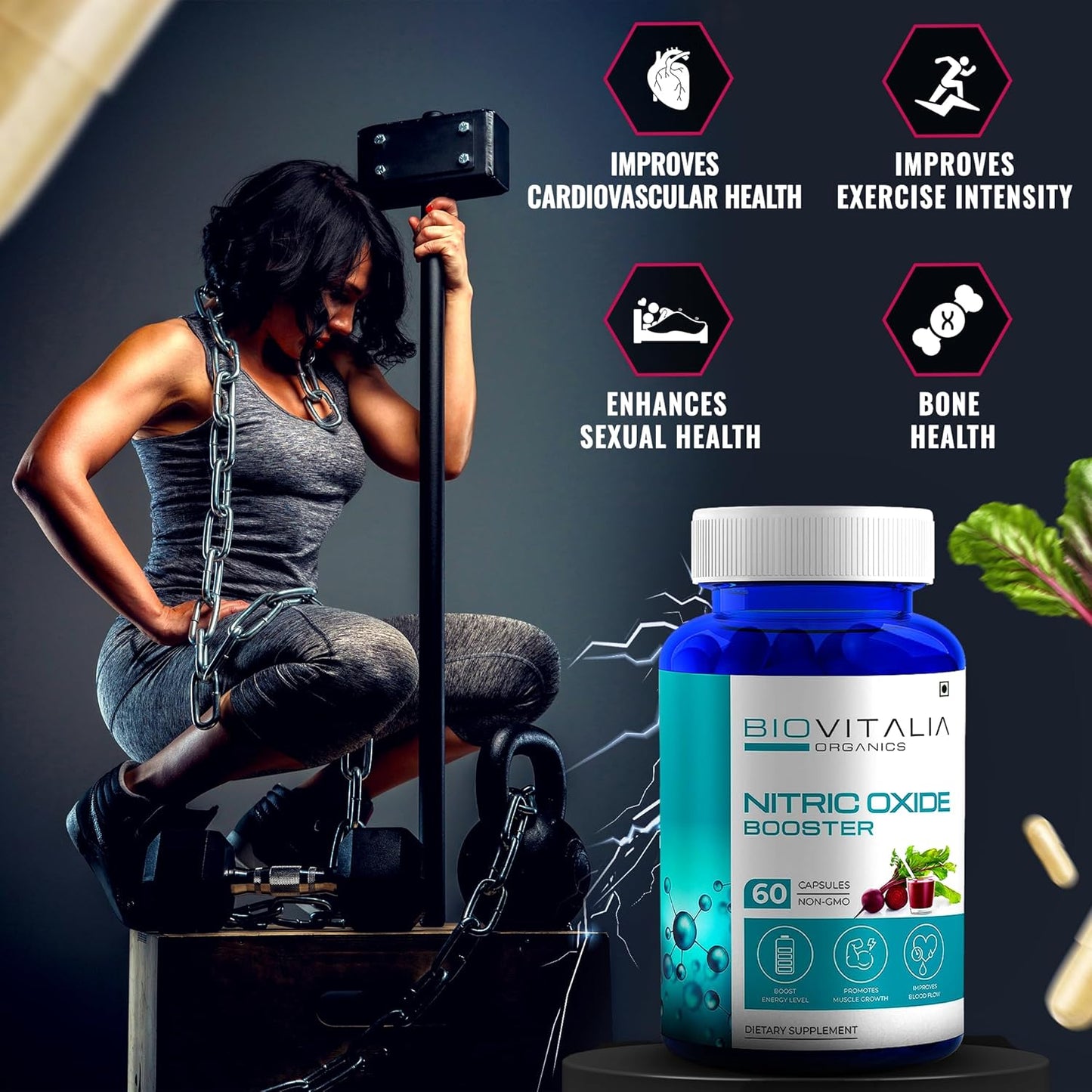 Organic Nitric Oxide Booster Capsules with L-Arginine & Beetroot for Men & Women - Promotes Blood Flow & Pre-Workout Muscle Pump - 60 Vegan Capsules