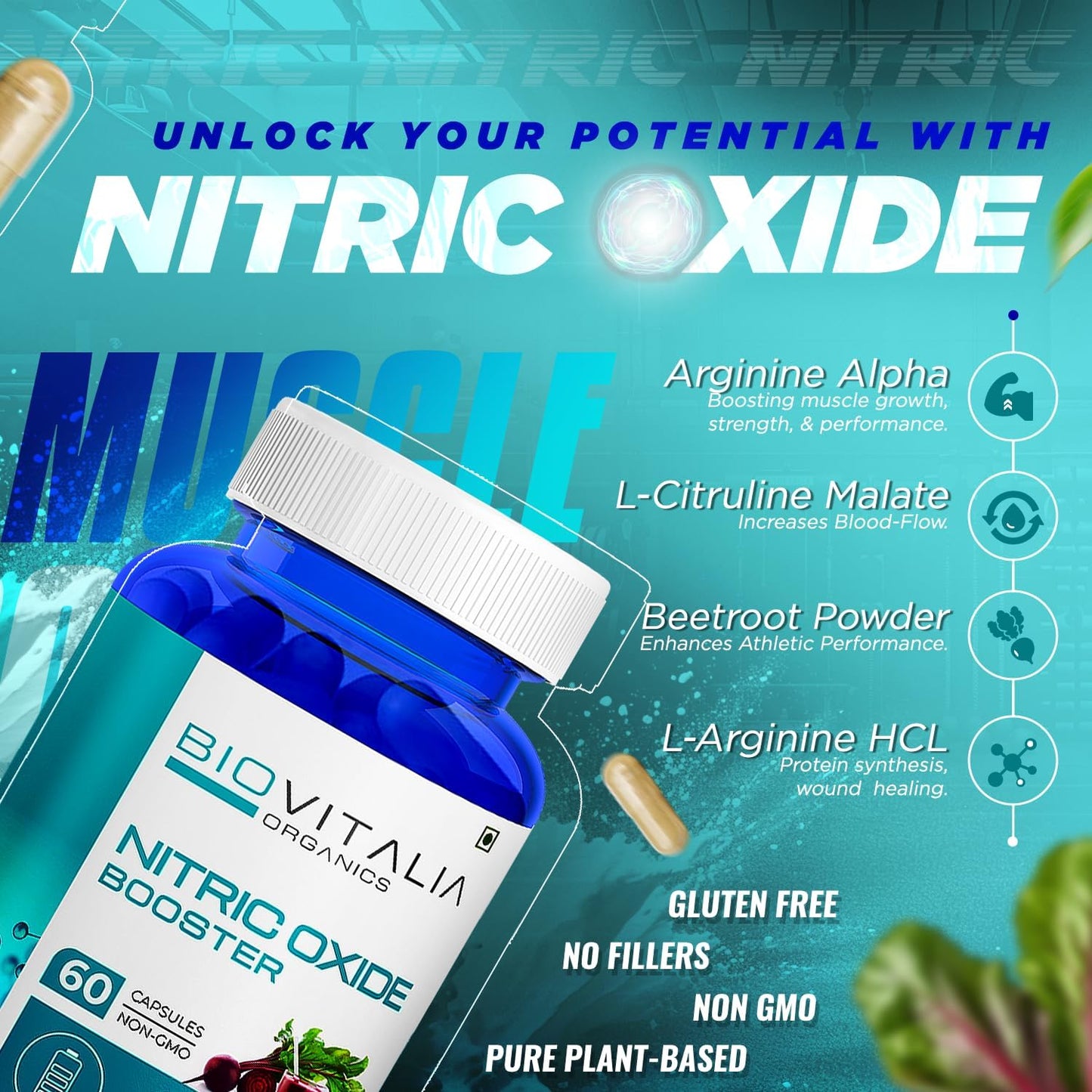 Organic Nitric Oxide Booster Capsules with L-Arginine & Beetroot for Men & Women - Promotes Blood Flow & Pre-Workout Muscle Pump - 60 Vegan Capsules