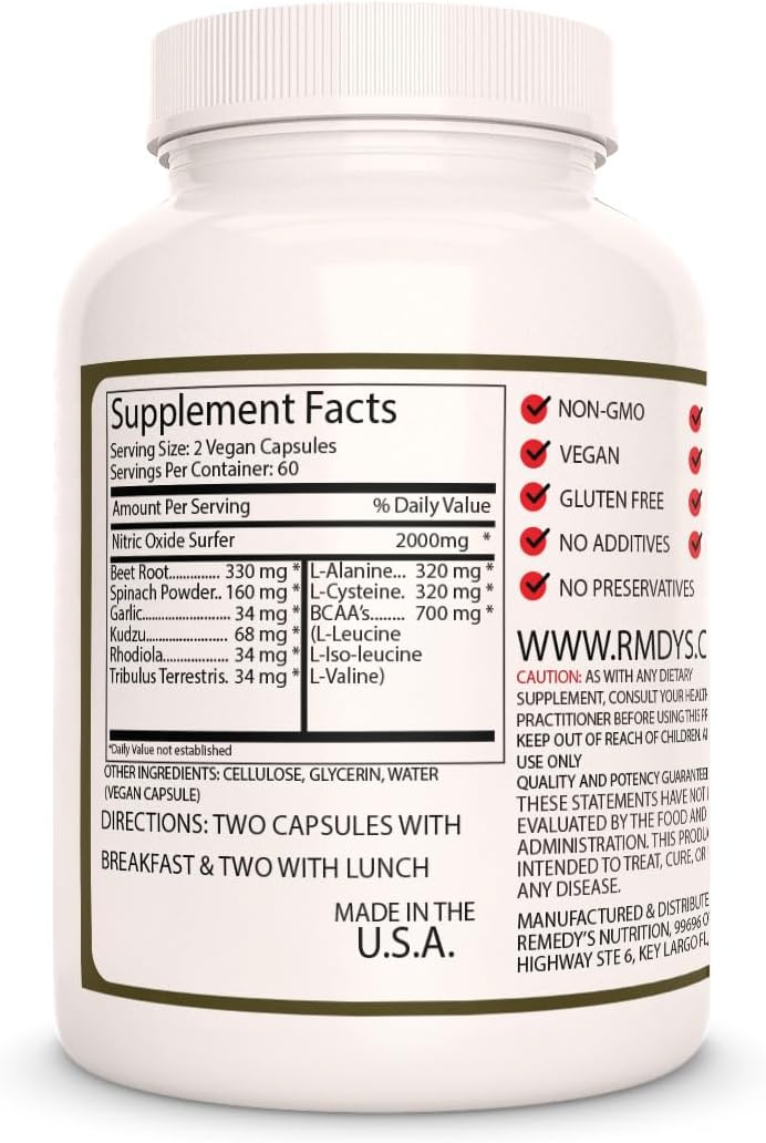 Organic Nitric Oxide Surfer Capsules | 1,000 mg, 120 Vegan Dietary Supplement | Non-GMO, Gluten & Dairy Free