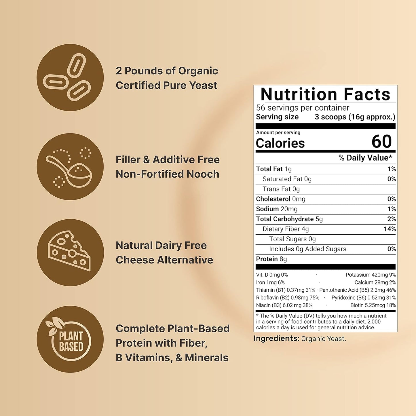 Organic Non-Fortified Nutritional Yeast Flakes 2lb - Vegan Cheese Substitute, Dairy Free Seasoning - High Protein & B Complex Vitamins - Keto, Non-GMO
