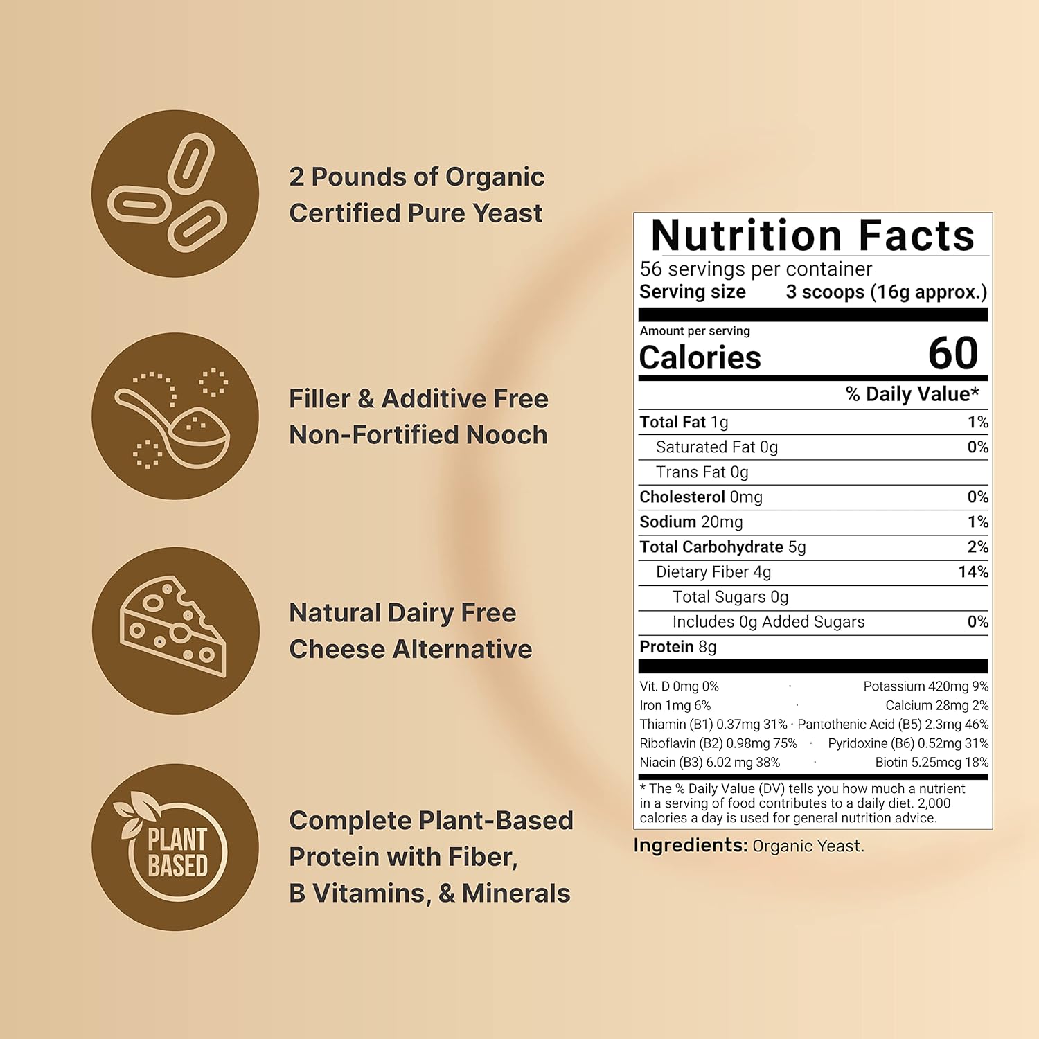 Organic Non-Fortified Nutritional Yeast Flakes 2lb - Vegan Cheese Substitute, Dairy Free Seasoning - High Protein & B Complex Vitamins - Keto, Non-GMO