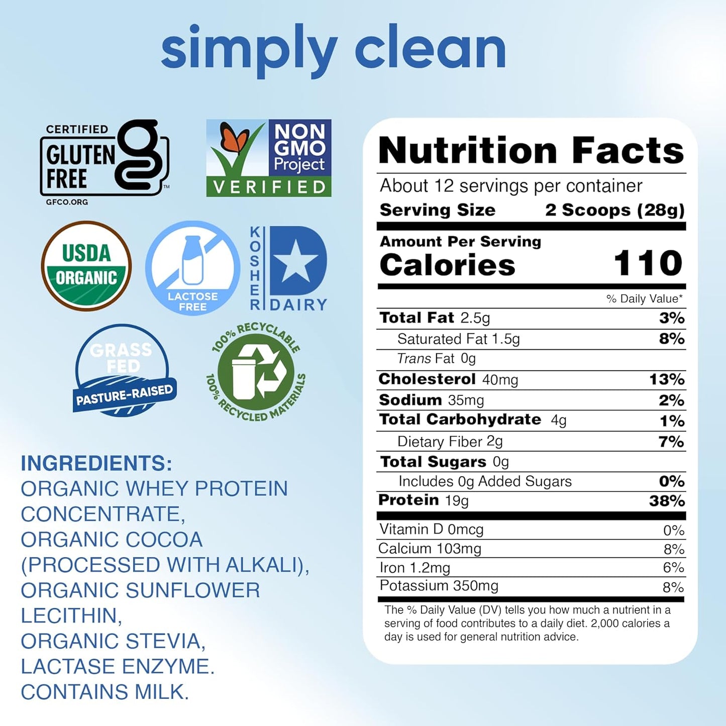 Organic Non-GMO Dark Chocolate Lactose Free Whey Protein Powder - 12 Oz