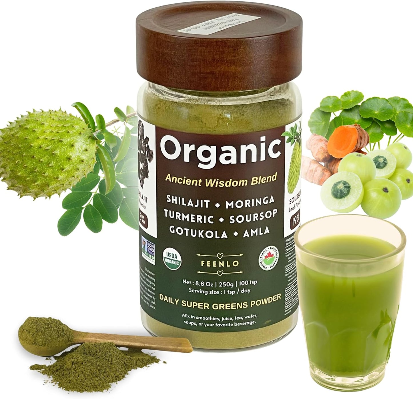Organic Non-GMO Green Juice Blend Powder with Moringa, Shilajit, Turmeric, Soursop, Gotukola, and Amla | 3-Month Supply_Approximately