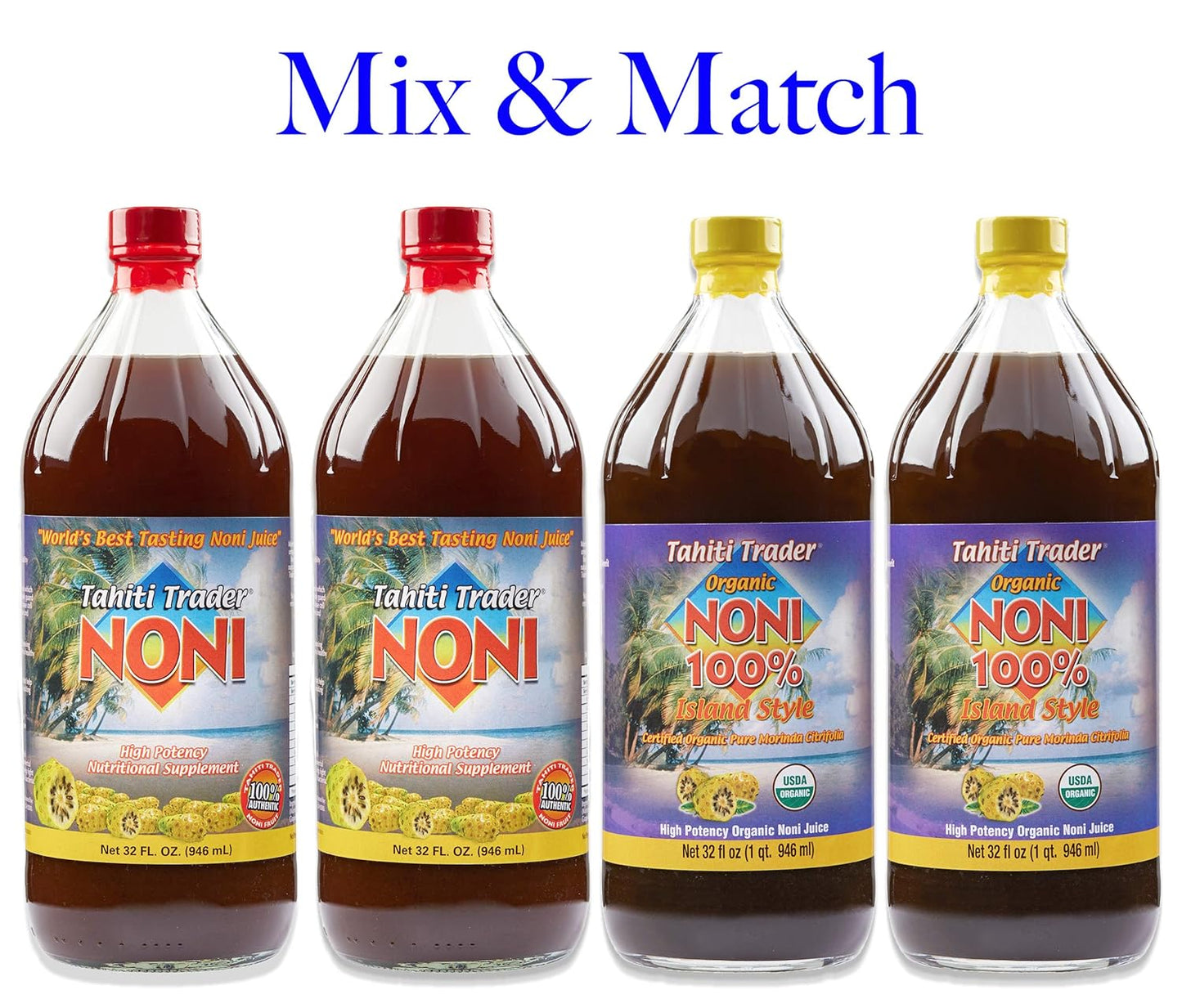 Organic Noni Juice Mix & Match 4 Pack - High-Potency Antioxidant Superfood Juice for Energy & Health - 32oz Bottles