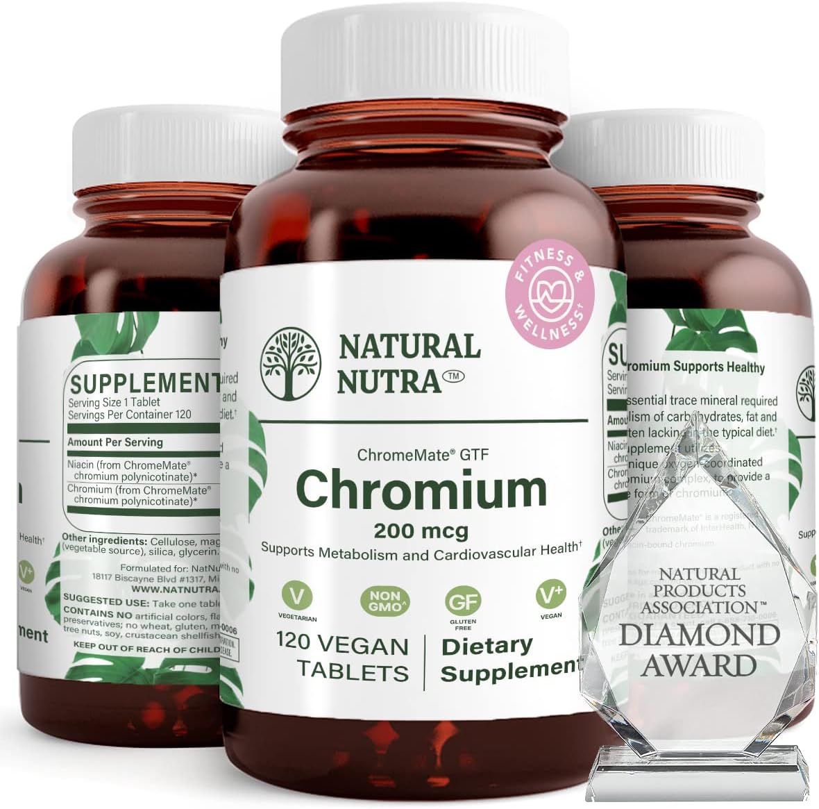 Organic Nutra GTF Chromium Polynicotinate with ChromeMate - Supports Metabolism, Heart Health, Fat Levels - 200 mcg, 120 Vegan Tablets