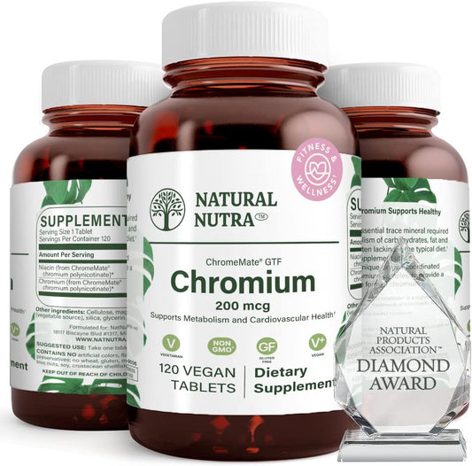 Organic Nutra GTF Chromium Polynicotinate with ChromeMate - Supports Metabolism, Heart Health, Fat Levels - 200 mcg, 120 Vegan Tablets