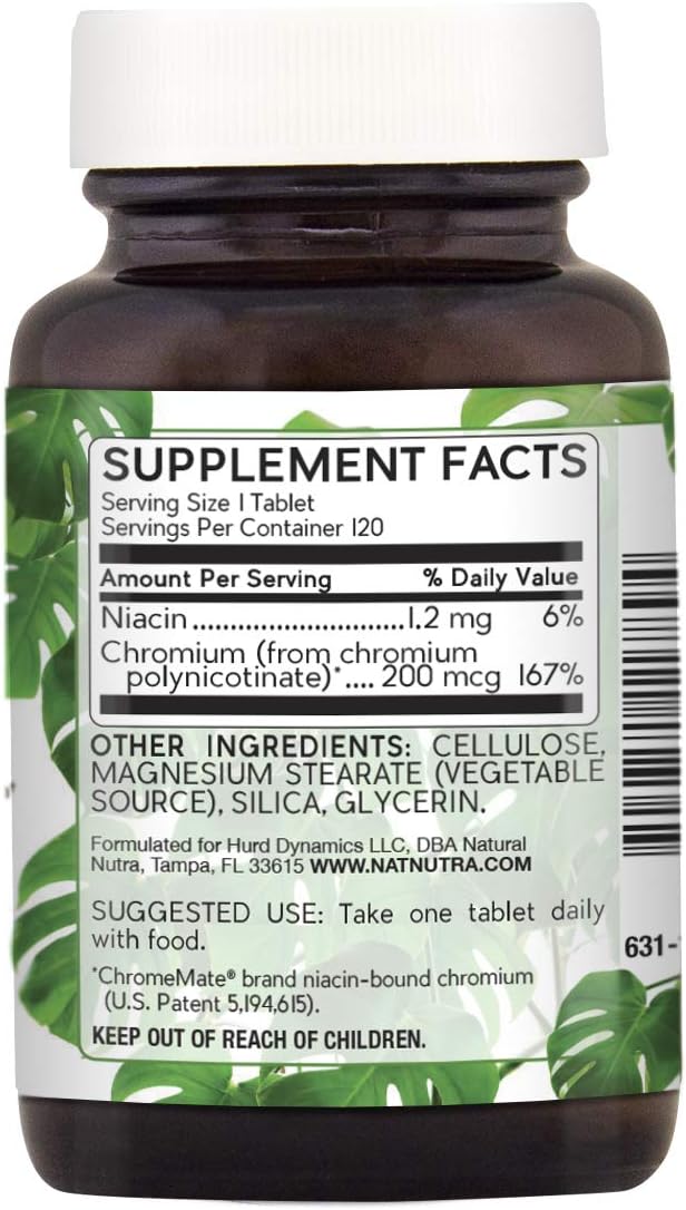 Organic Nutra GTF Chromium Polynicotinate with ChromeMate - Supports Metabolism, Heart Health, Fat Levels - 200 mcg, 120 Vegan Tablets