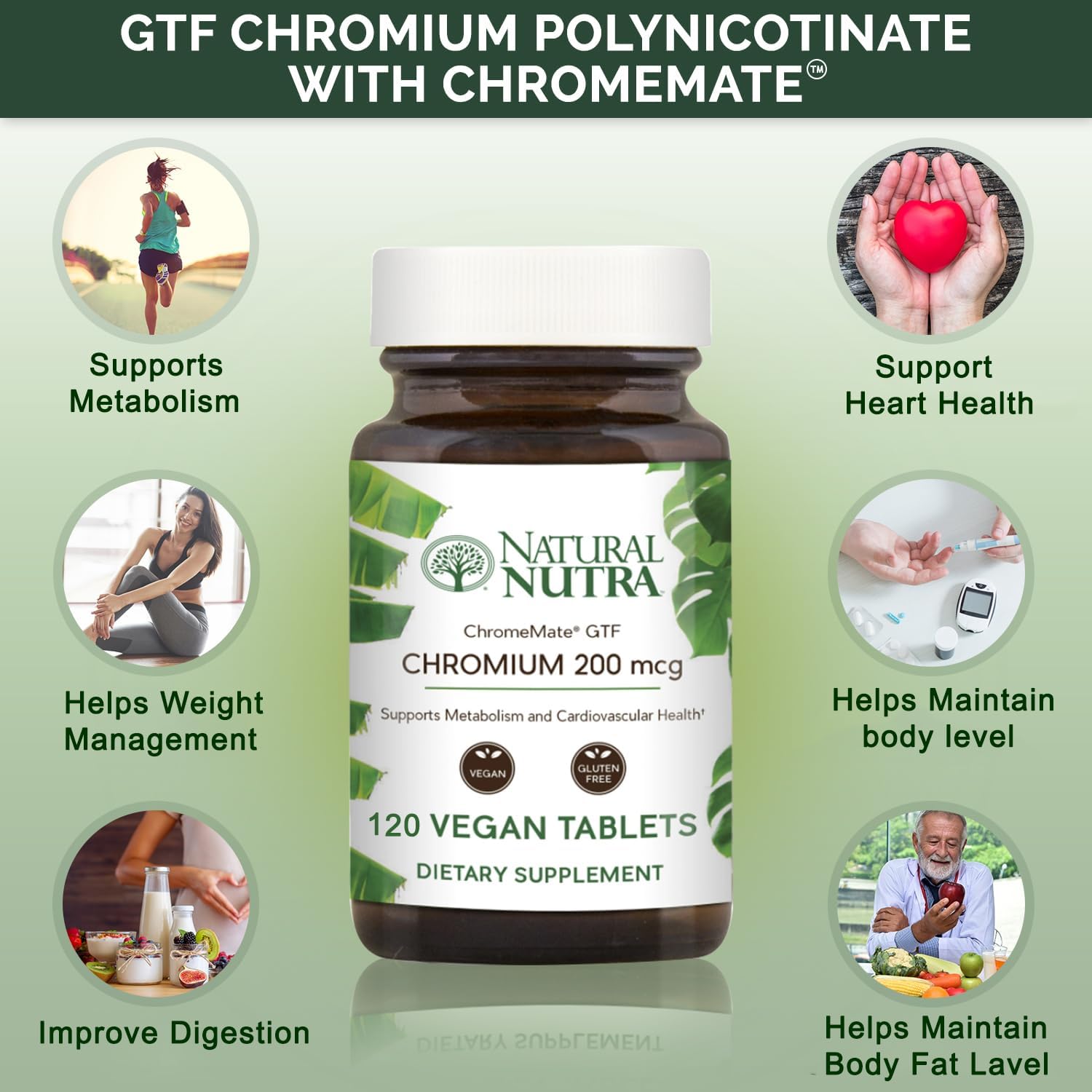 Organic Nutra GTF Chromium Polynicotinate with ChromeMate - Supports Metabolism, Heart Health, Fat Levels - 200 mcg, 120 Vegan Tablets