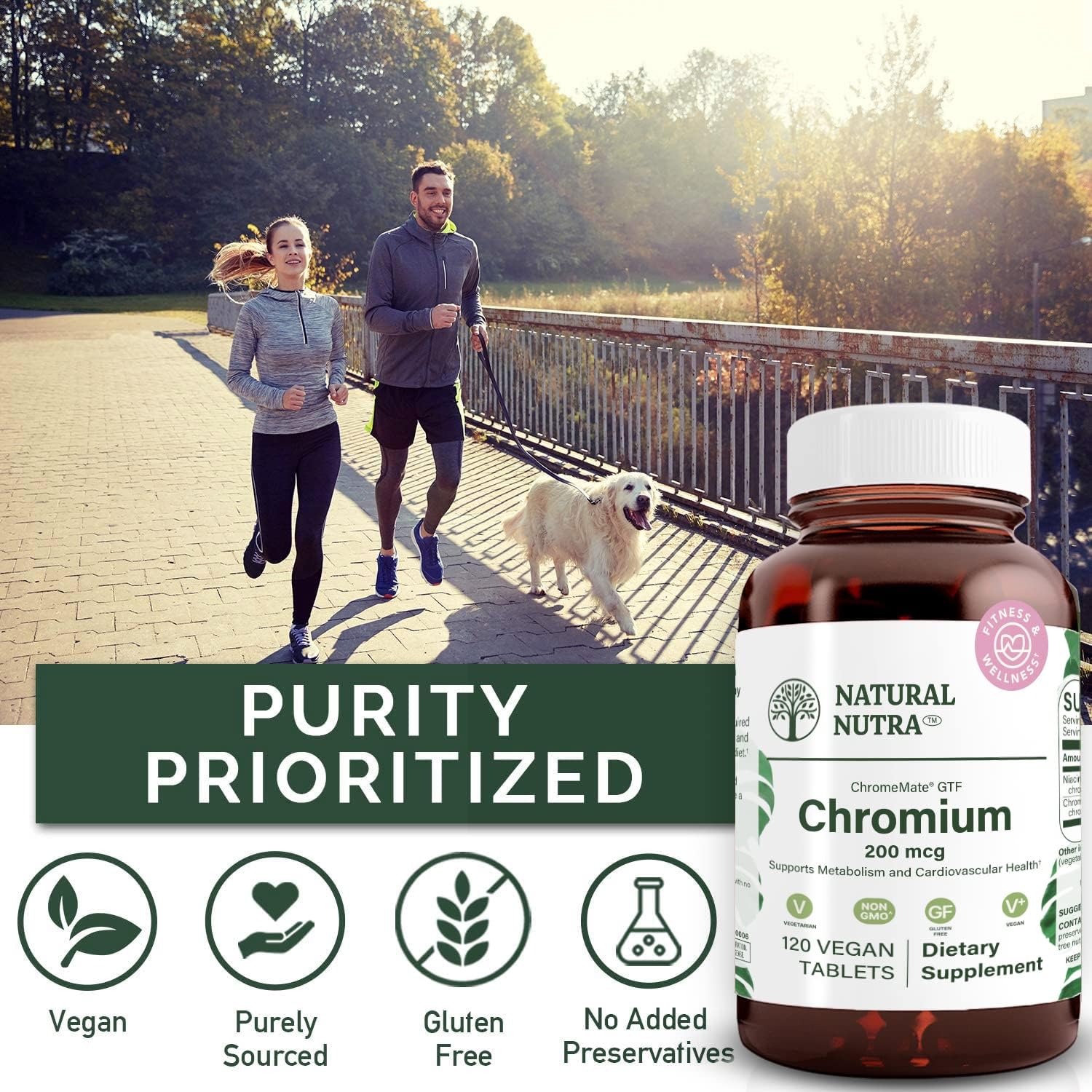 Organic Nutra GTF Chromium Polynicotinate with ChromeMate - Supports Metabolism, Heart Health, Fat Levels - 200 mcg, 120 Vegan Tablets