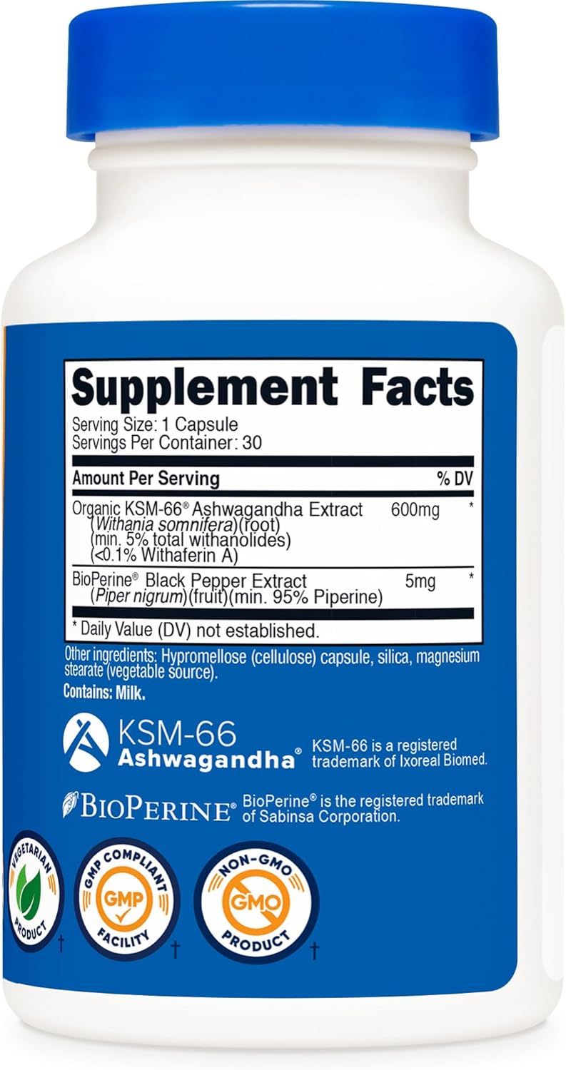Organic Nutricost Ashwagandha Root Extract Capsules with 5% Withanolides and BioPerine - 30 Veggie Caps - 600mg