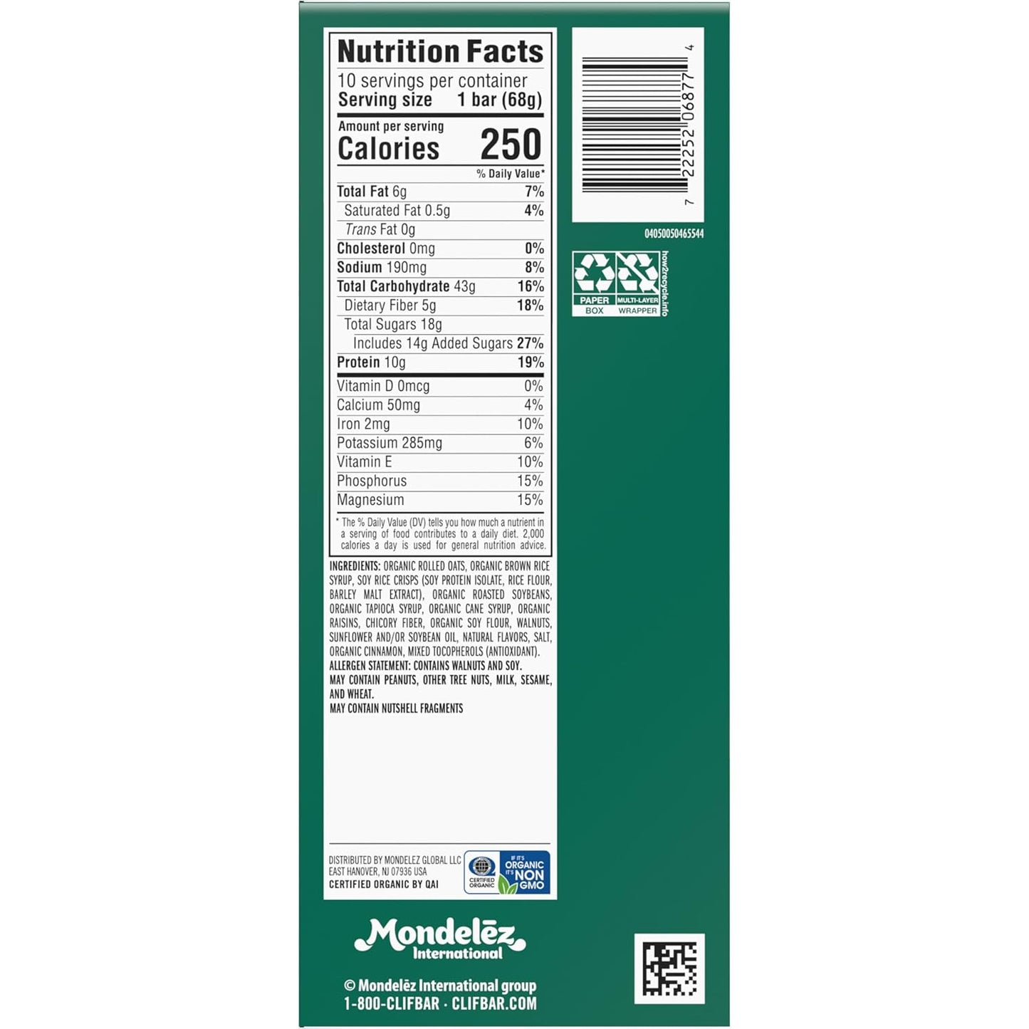 Organic Oatmeal Raisin Walnut Energy Bars - Non-GMO Plant Based Protein Bars - 10 Pack