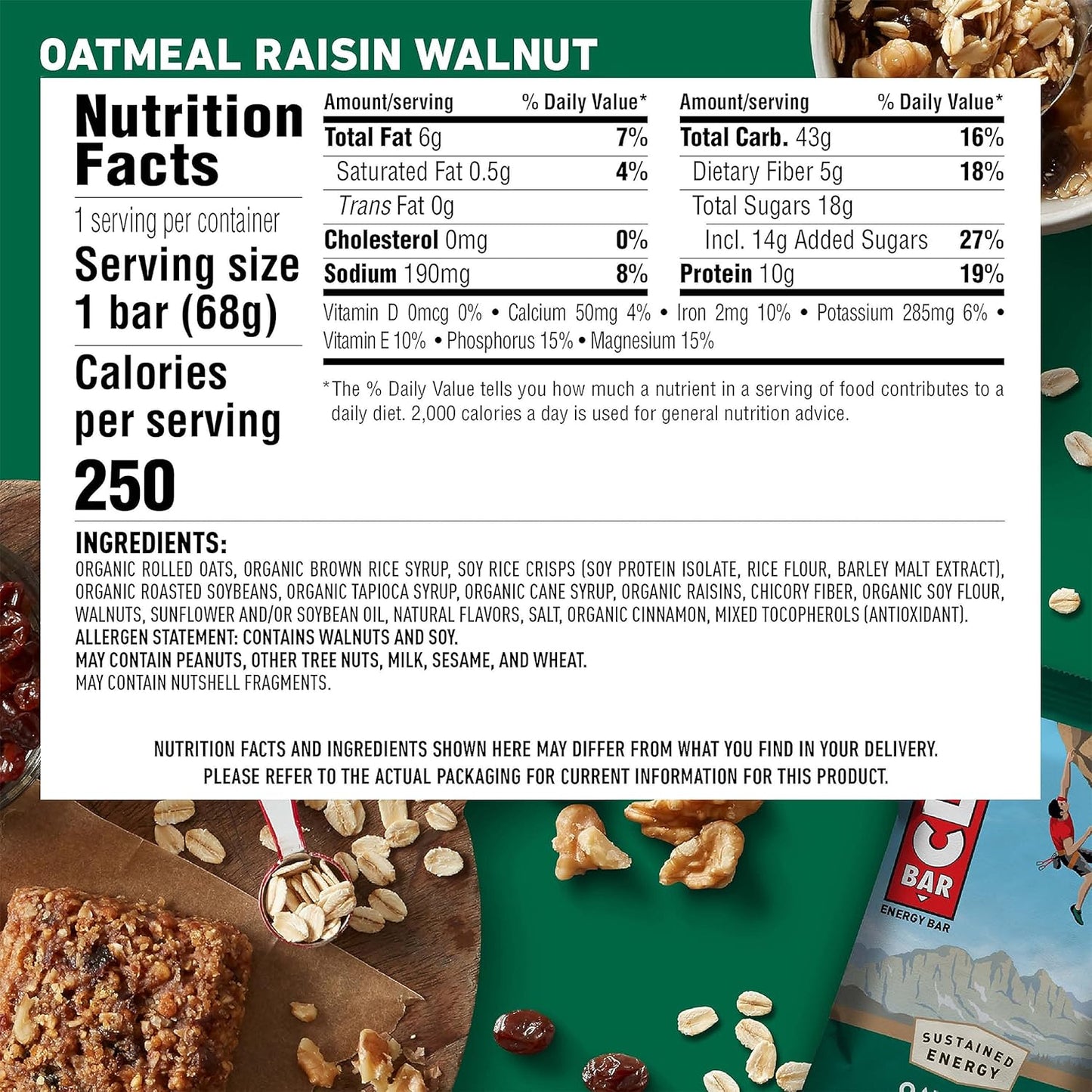 Organic Oatmeal Raisin Walnut Energy Bars - Non-GMO Plant Based Protein Bars - 10 Pack