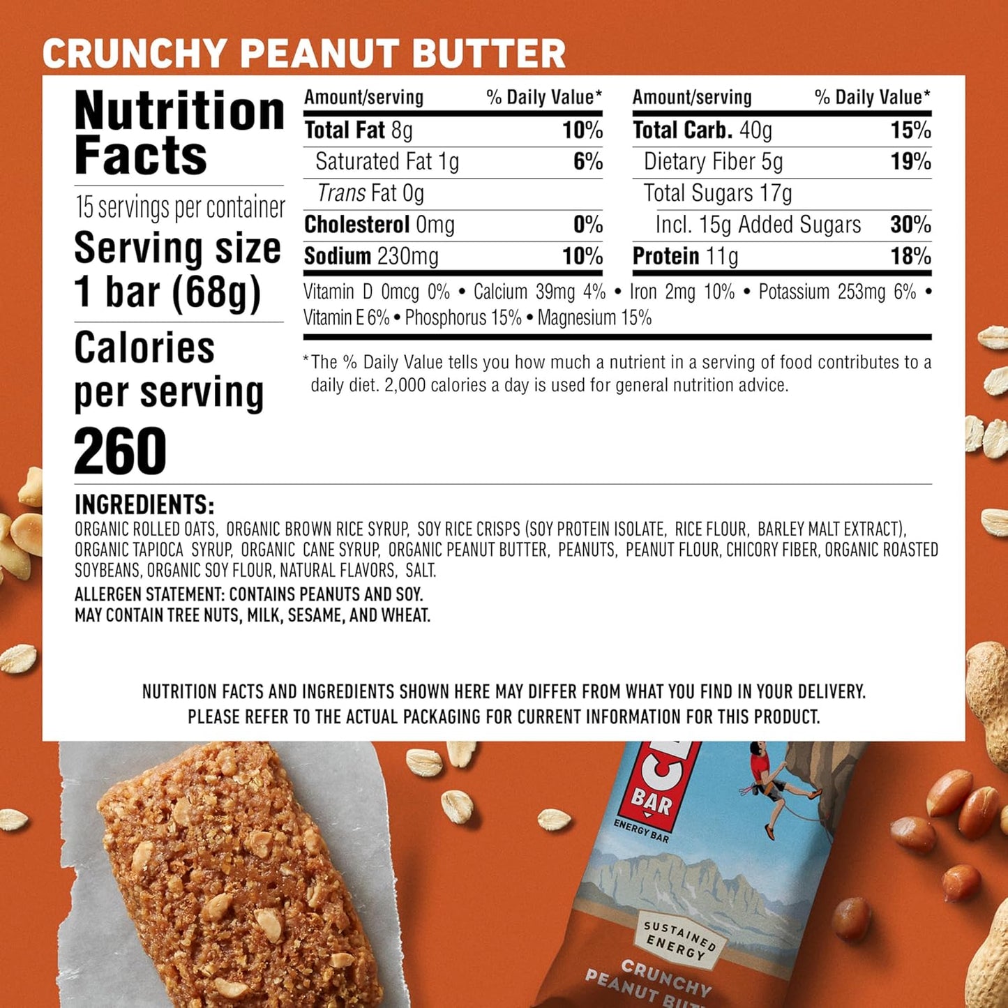 Organic Oats Crunchy Peanut Butter Energy Bars with Plant-Based Protein (15 Pack)