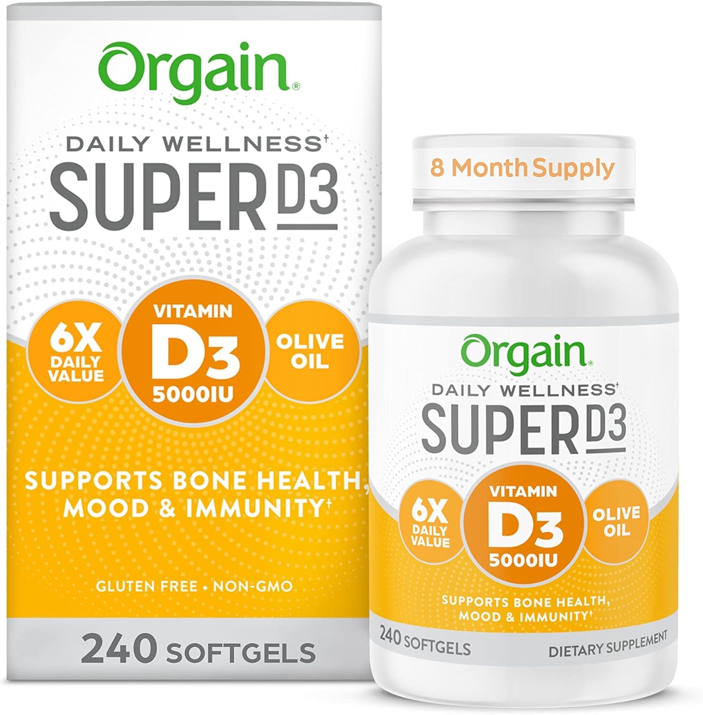 Organic Olive Oil Enhanced Orgain Super Vitamin D3 Supplement - 8 Month Supply, 5,000iu for Immune, Bone, and Mood Support - 240 Softgels