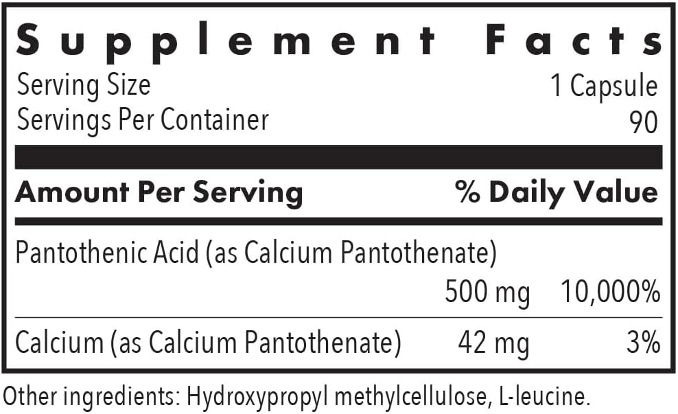 Organic Pantothenic Acid Supplement 500mg - Vitamin B5 for Men & Women - Vegetarian Capsules with Calcium - 90 Count