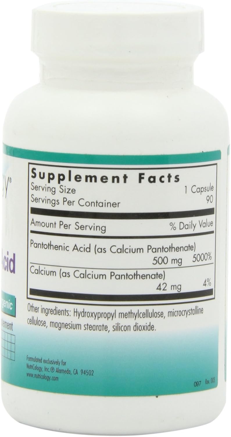 Organic Pantothenic Acid (Vitamin B5) 500mg Supplement - Pure Calcium - Vegetarian Capsules for Men & Women - 90 Count