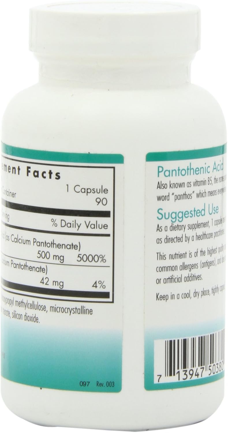 Organic Pantothenic Acid (Vitamin B5) 500mg Supplement - Pure Calcium - Vegetarian Capsules for Men & Women - 90 Count