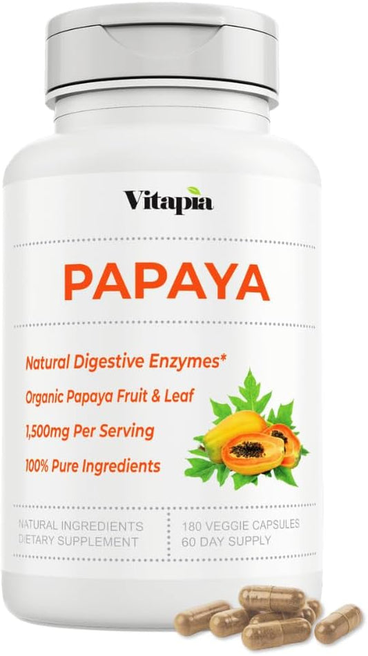 Organic Papaya Enzyme Capsules for Digestion & Immune Support - 1500mg Powder - 180 Veggie Capsules - Non-GMO & Gluten-Free