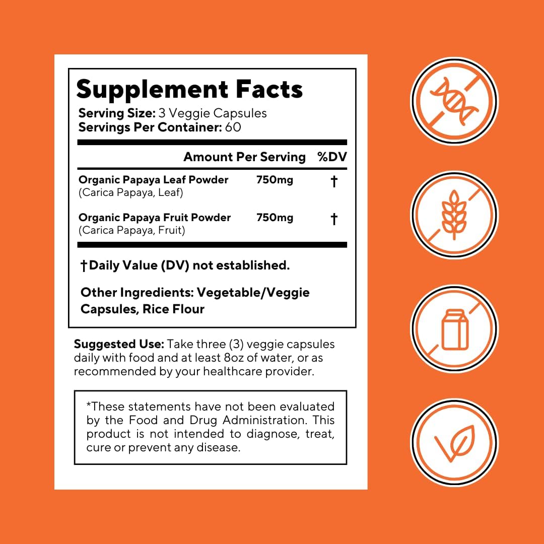 Organic Papaya Enzyme Capsules for Digestion & Immune Support - 1500mg Powder - 180 Veggie Capsules - Non-GMO & Gluten-Free