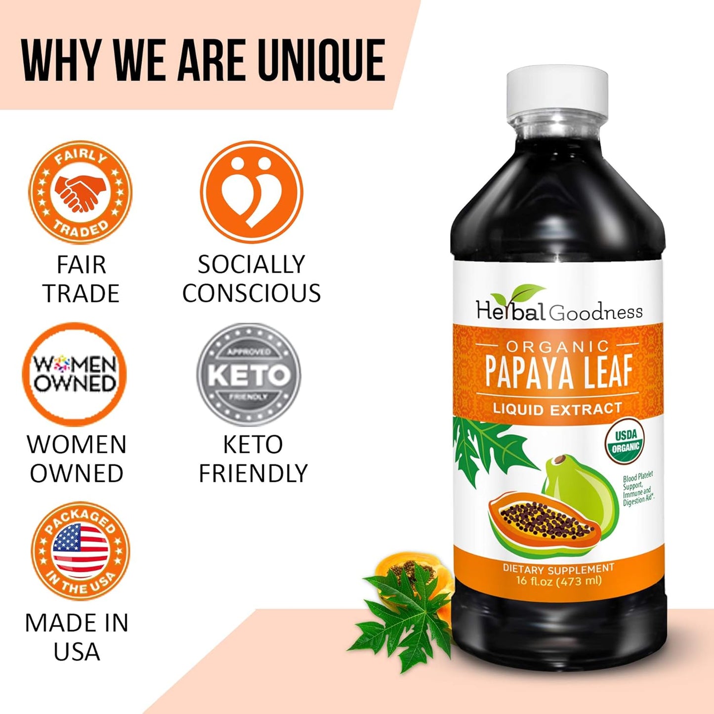 Organic Papaya Leaf Extract - Boost Blood Platelets, Support Bone Marrow & Spleen, Improve Immune & Gut Health - 16 oz Liquid Extract