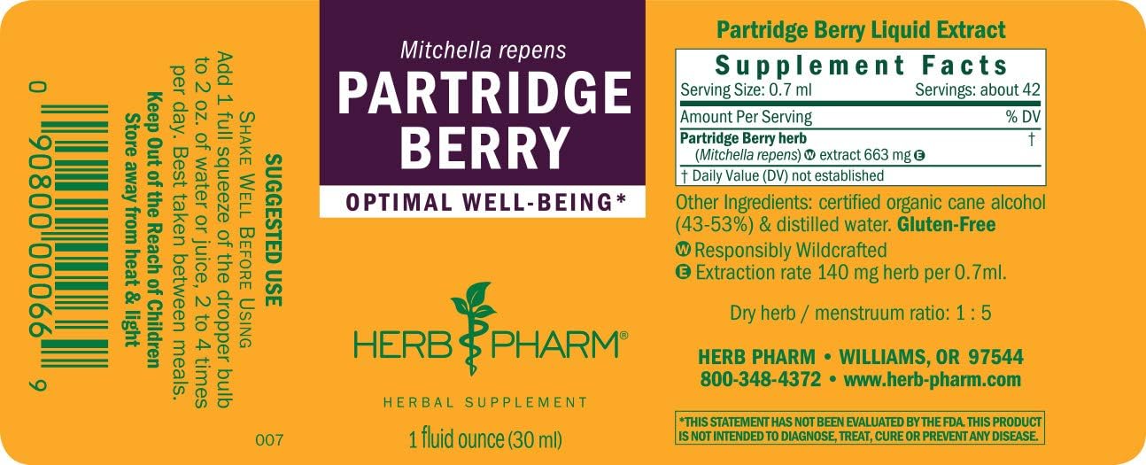 Organic Partridge Berry Liquid Extract by Herb Pharm - 1 Ounce Bottle