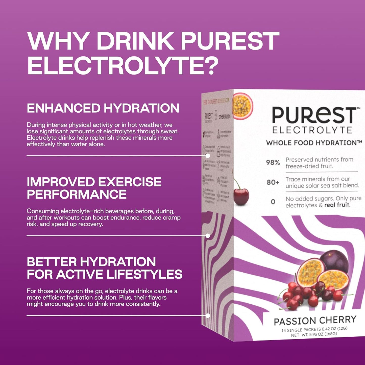 Organic Passion Cherry Electrolyte Powder Packets for Ultimate Hydration - Whole Food Blend with Solar Sea Salts