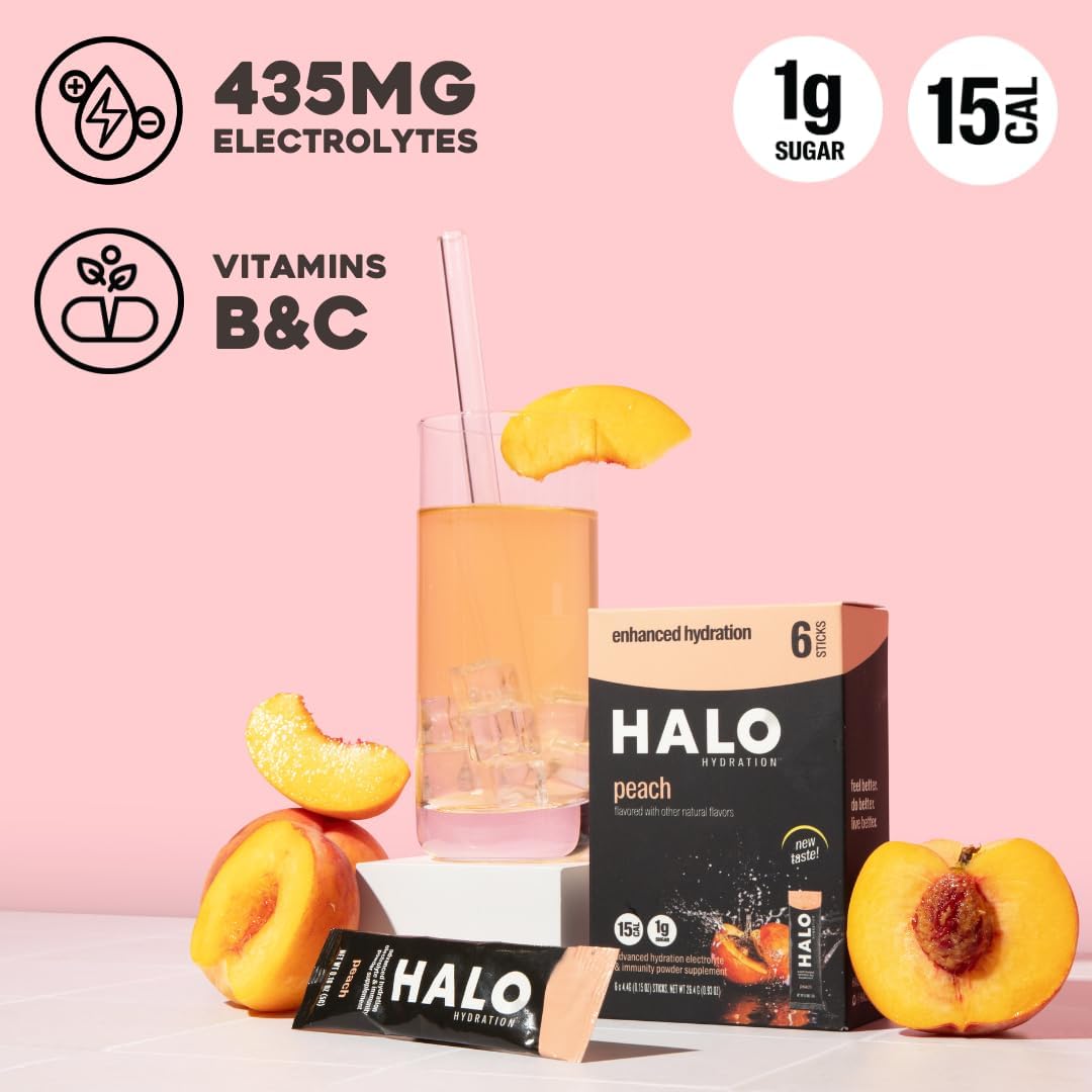 Organic Peach Electrolyte Powder Packets - 24 Servings, Low Sugar, Vegan - HALO Sport Halo Hydration Drink with Essential Vitamins & Minerals