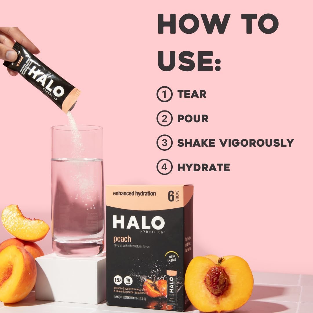Organic Peach Electrolyte Powder Packets - 24 Servings, Low Sugar, Vegan - HALO Sport Halo Hydration Drink with Essential Vitamins & Minerals