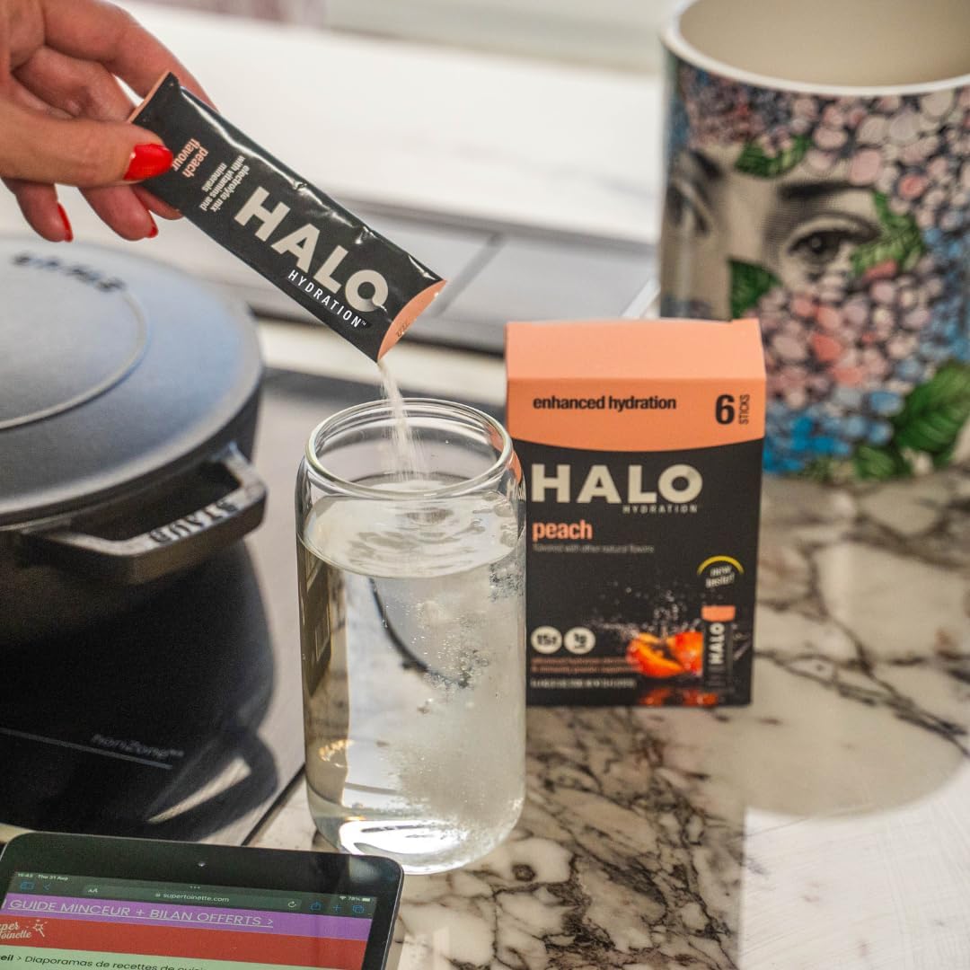 Organic Peach Electrolyte Powder Packets - 24 Servings, Low Sugar, Vegan - HALO Sport Halo Hydration Drink with Essential Vitamins & Minerals