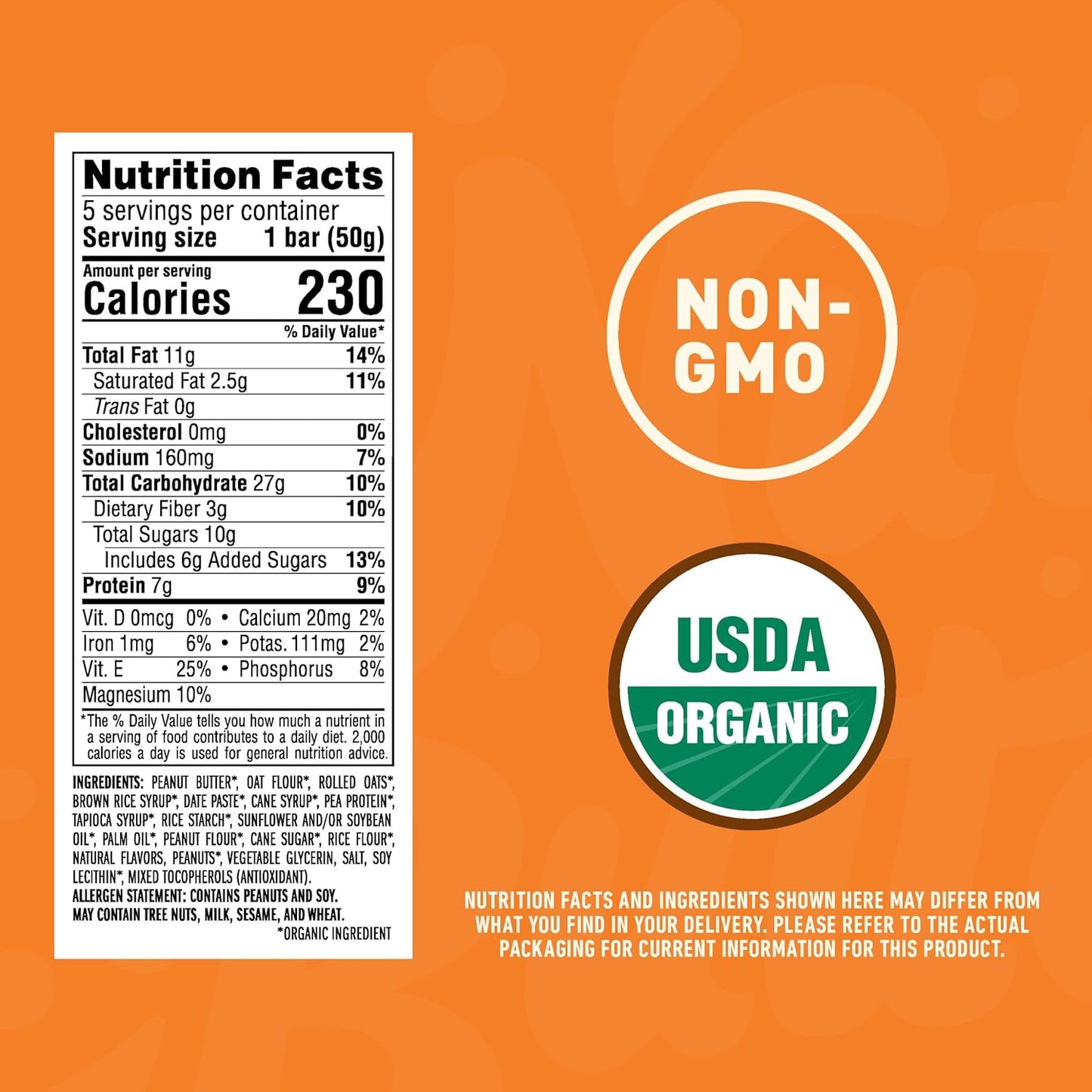 Organic Peanut Butter Filled Energy Bars - 1.76 oz. (5 Pack) - Non-GMO Plant-Based Snack
