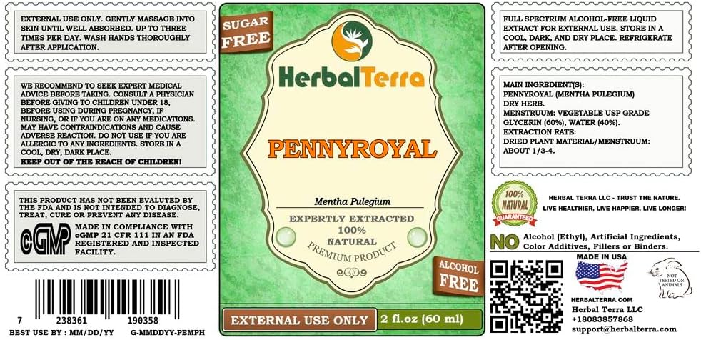 Organic Pennyroyal (Mentha Pulegium) Glycerite Extract - Alcohol-Free Liquid - 2 oz Bottle by Herbal Terra LLC