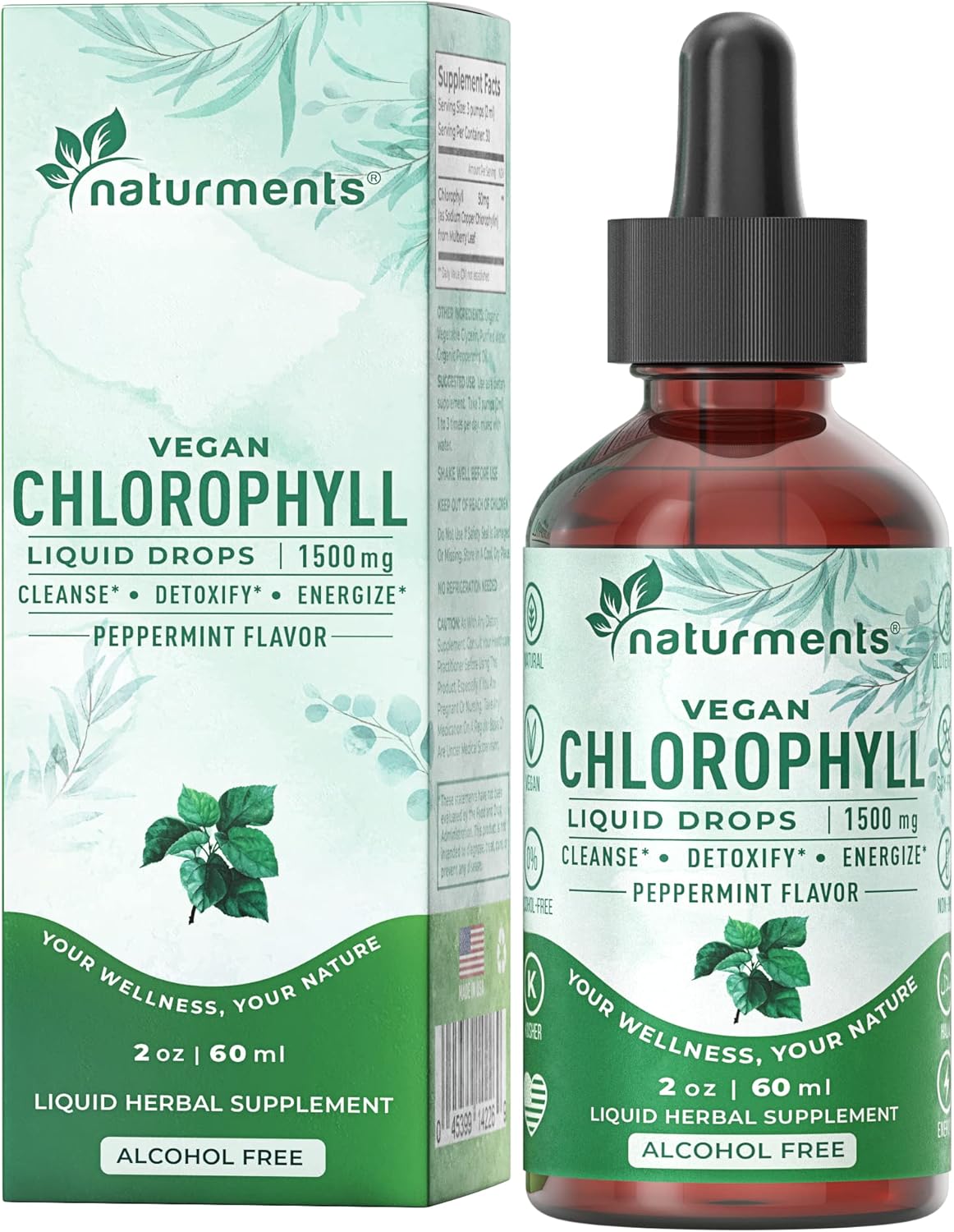 Organic Peppermint Chlorophyll Liquid Drops - Natural Deodorant, Immune Support, Energy Boost - 30 Servings, 60 Ml
