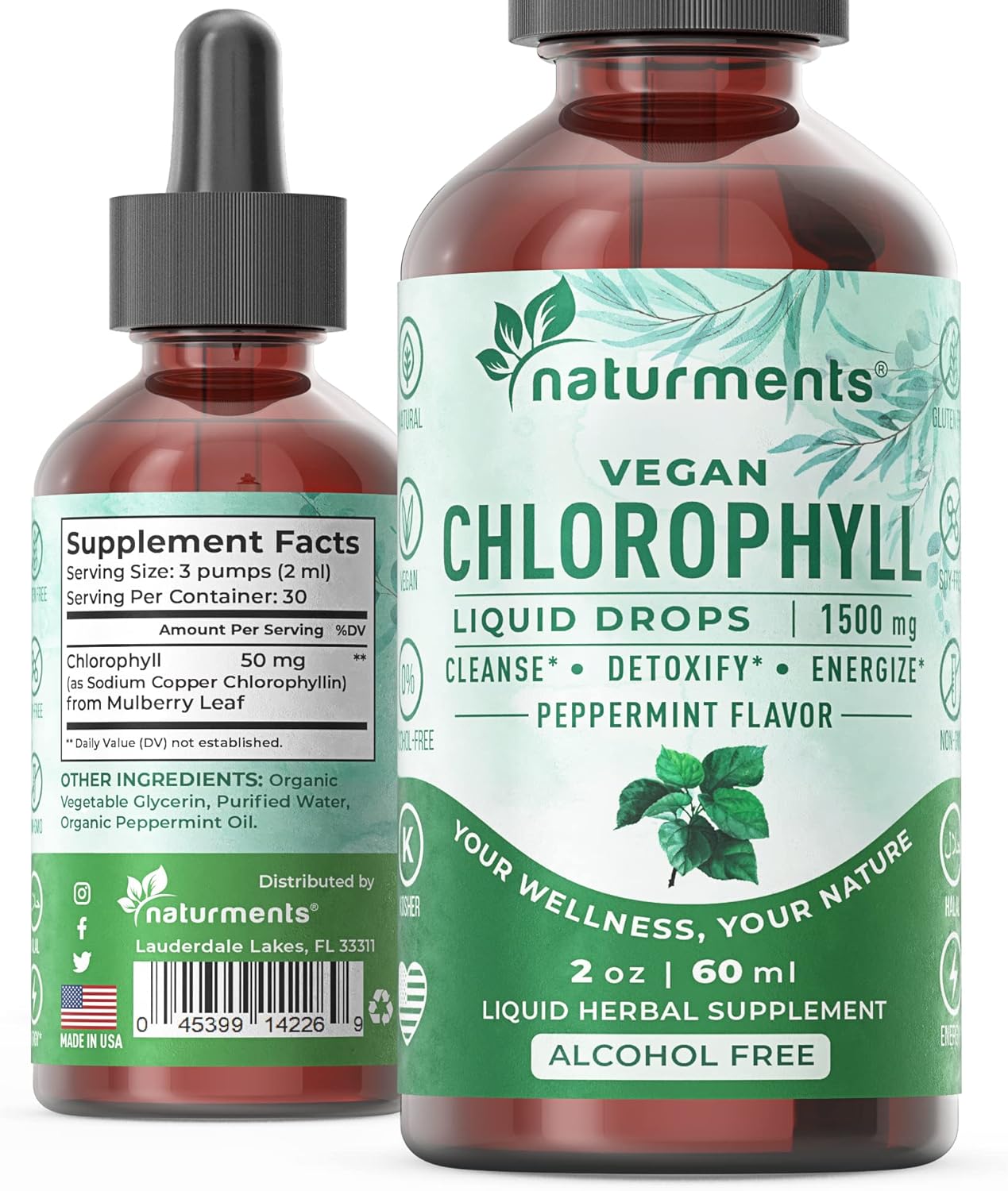 Organic Peppermint Chlorophyll Liquid Drops - Natural Deodorant, Immune Support, Energy Boost - 30 Servings, 60 Ml