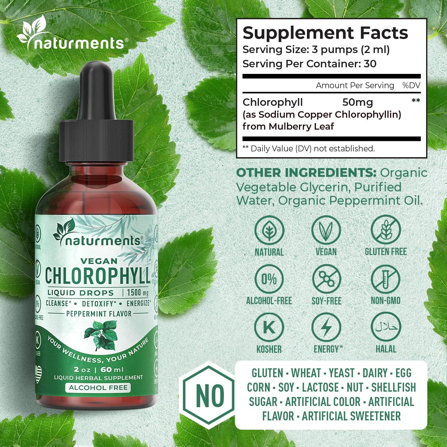 Organic Peppermint Chlorophyll Liquid Drops - Natural Deodorant, Immune Support, Energy Boost - 30 Servings, 60 Ml
