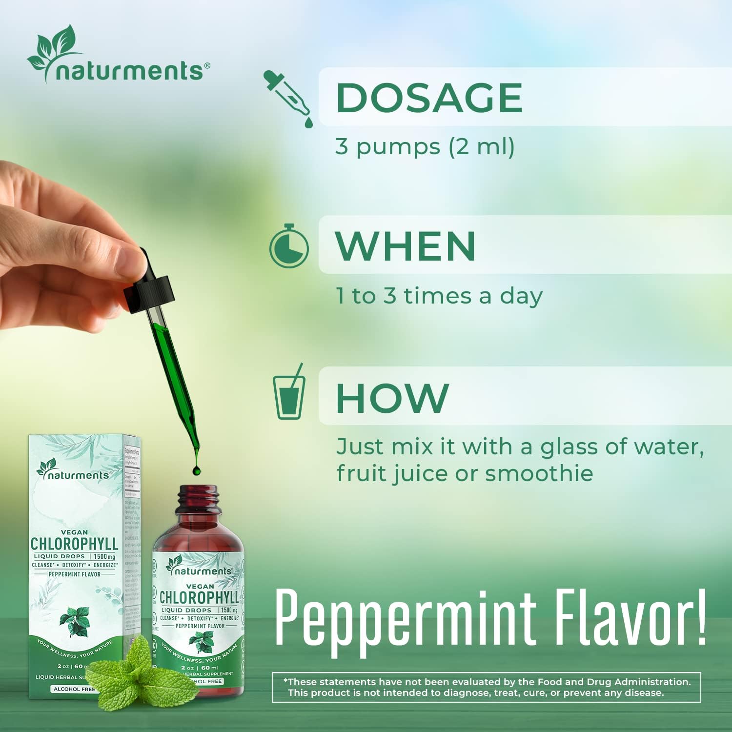 Organic Peppermint Chlorophyll Liquid Drops - Natural Deodorant, Immune Support, Energy Boost - 30 Servings, 60 Ml